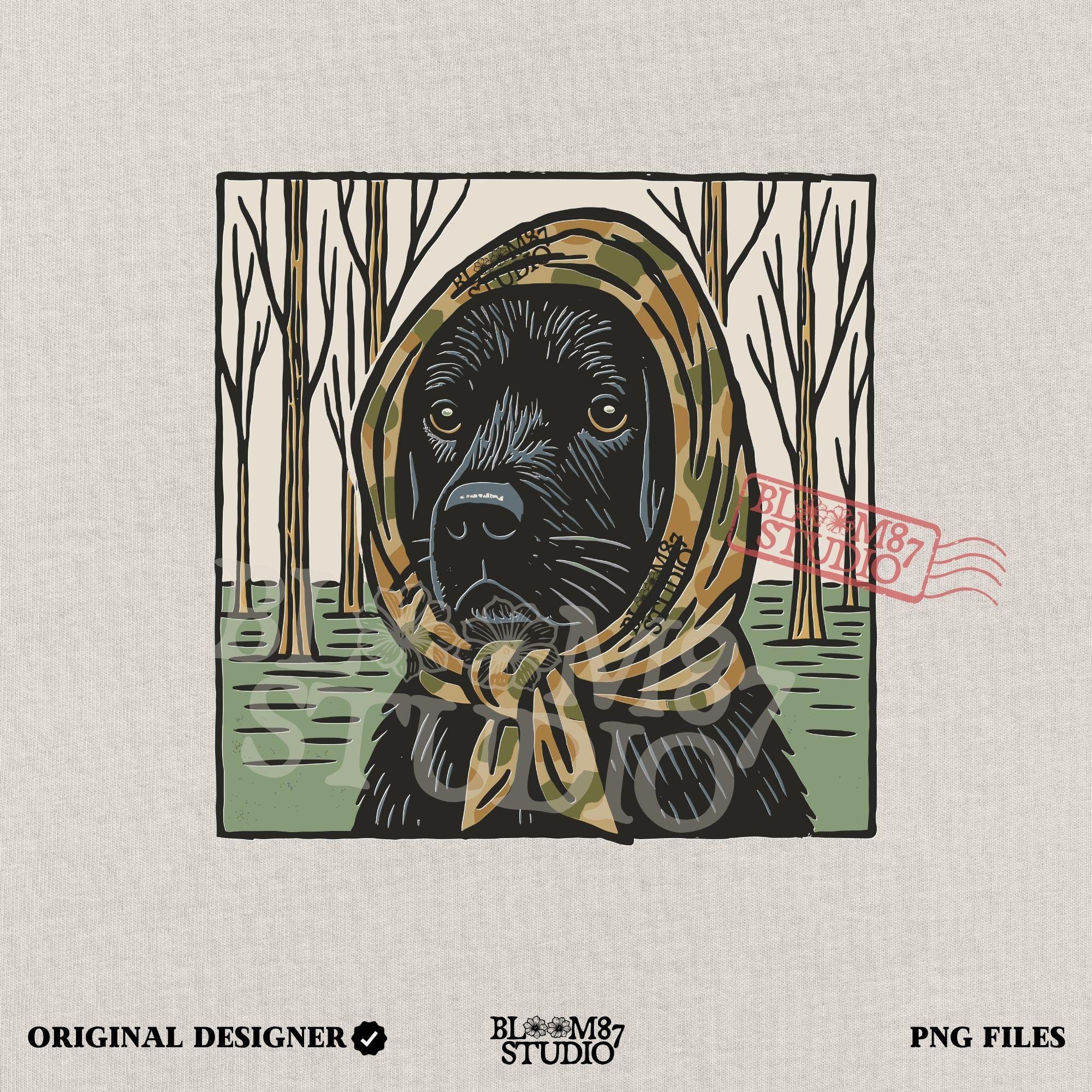 Digital PNG of a black labrador dog wearing a camo scarf in a forest setting, designed for hunting-themed sublimation printing