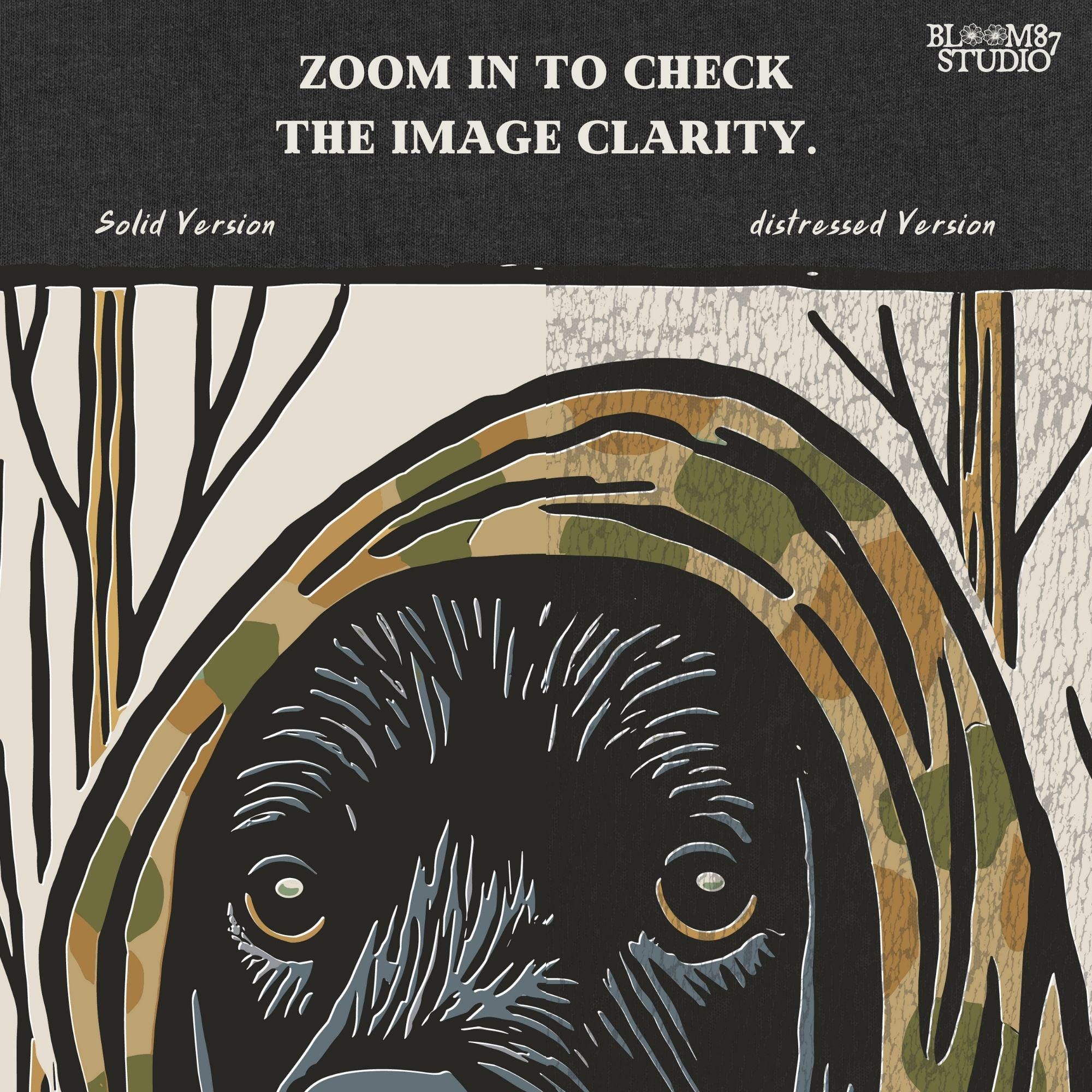 Digital PNG of a black labrador dog wearing a camo scarf in a forest setting, designed for hunting-themed sublimation printing