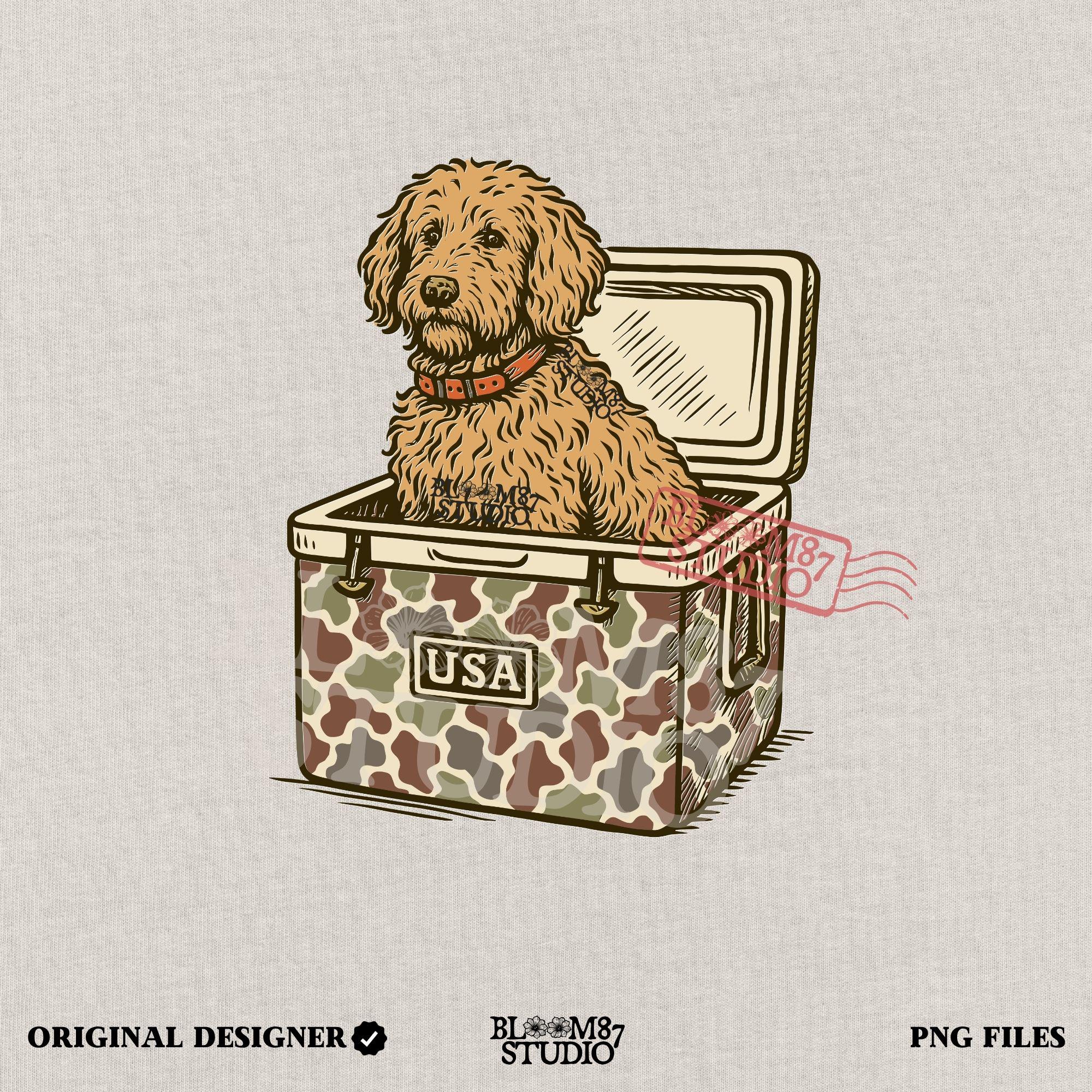 Curly Goldendoodle dog sitting inside a USA camouflage cooler, digital PNG sublimation file for crafting patriotic pet-themed items.