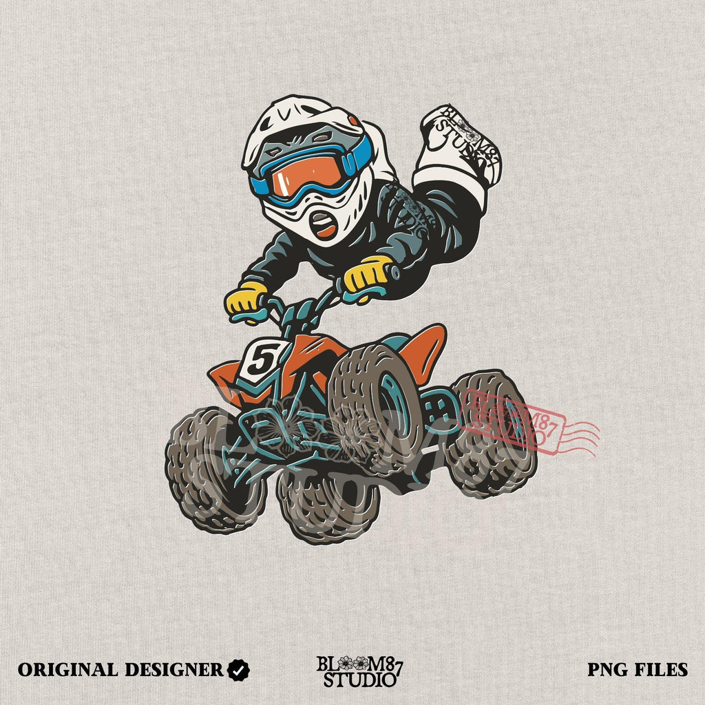 Digital PNG of a boy riding an ATV mid-jump wearing motocross gear and helmet, perfect for kids racing sublimation projects.