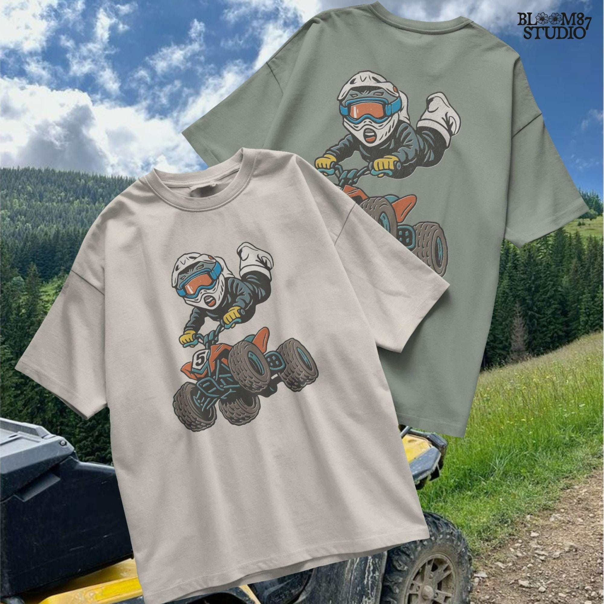 Digital PNG of a boy riding an ATV mid-jump wearing motocross gear and helmet, perfect for kids racing sublimation projects.