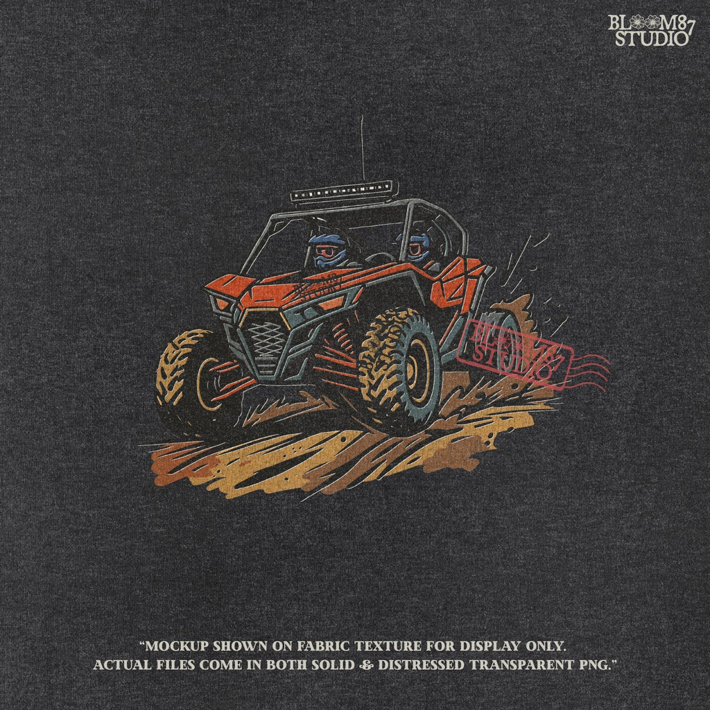 Off-road UTV side-by-side vehicle with mud splashes, drawn in bold lines and colors for use in sublimation and digital crafts.