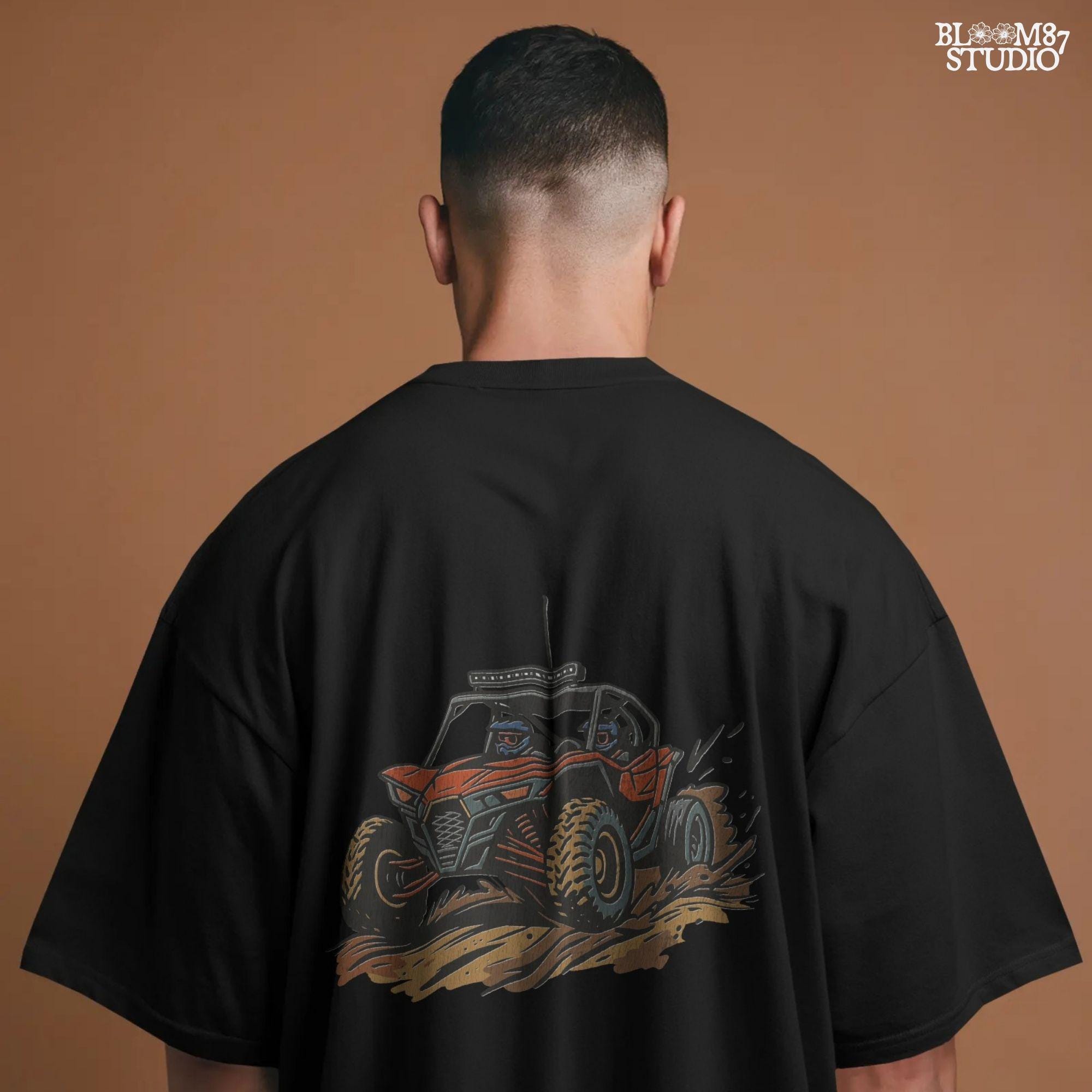 Off-road UTV side-by-side vehicle with mud splashes, drawn in bold lines and colors for use in sublimation and digital crafts.