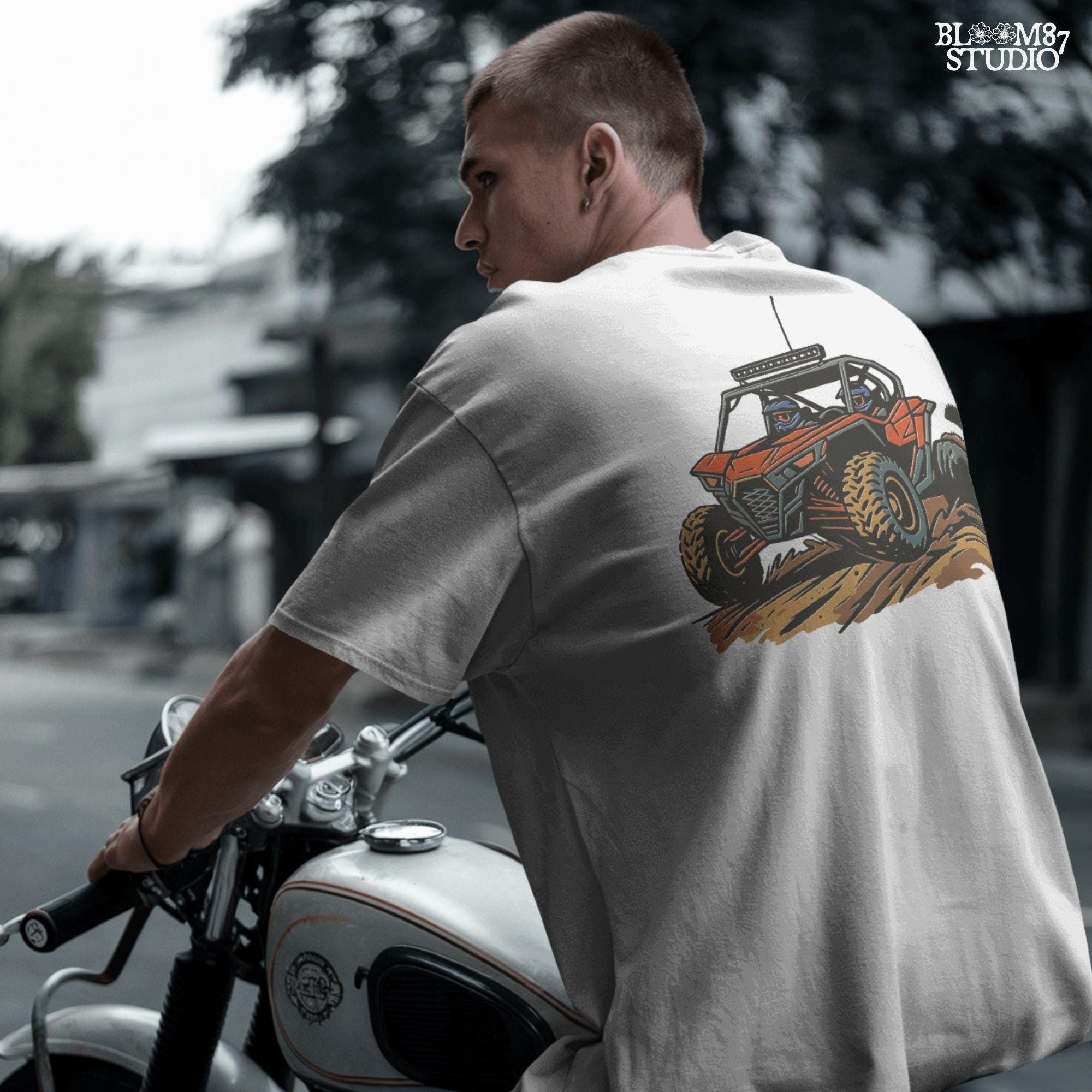 Off-road UTV side-by-side vehicle with mud splashes, drawn in bold lines and colors for use in sublimation and digital crafts.