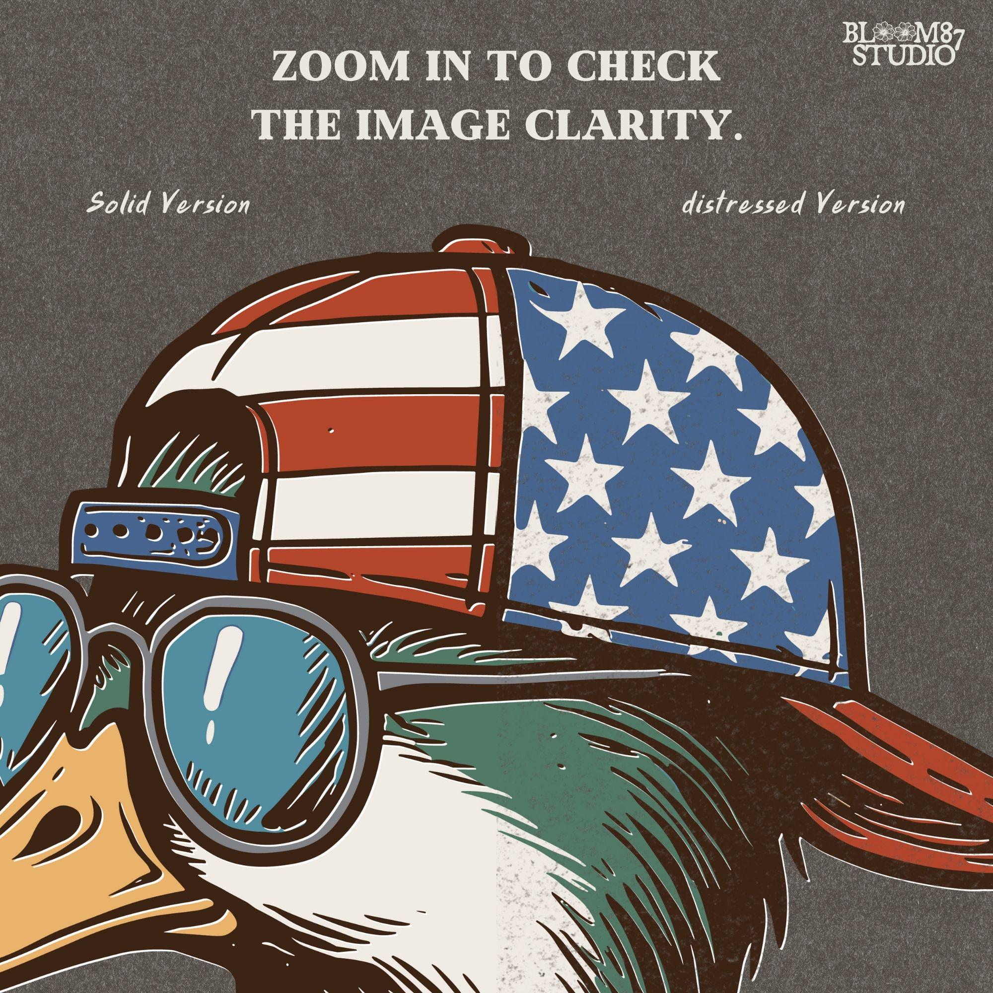 Cartoon mallard duck wearing American flag hat and sunglasses in a humorous patriotic style, with bold colors and splash detail