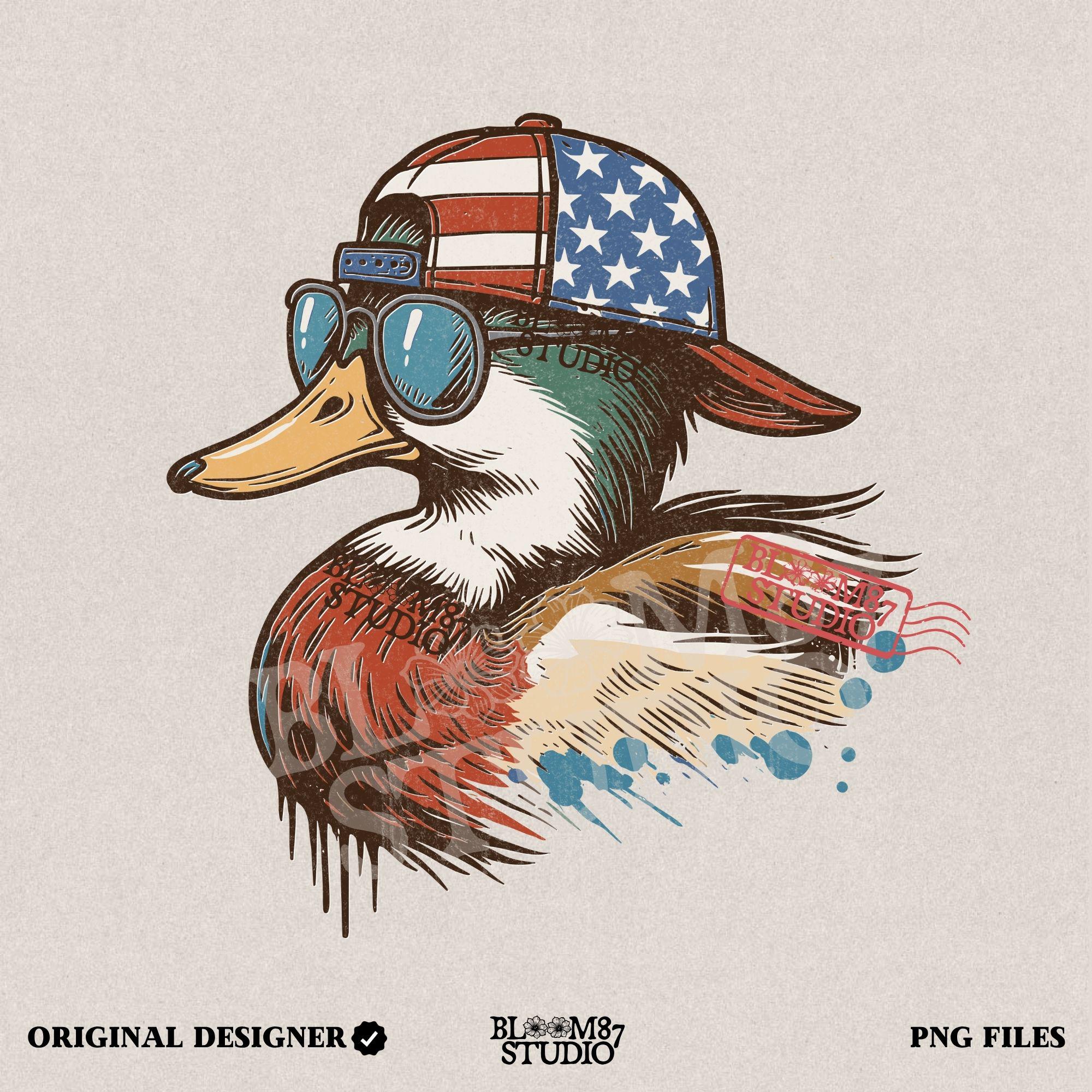 Cartoon mallard duck wearing American flag hat and sunglasses in a humorous patriotic style, with bold colors and splash detail