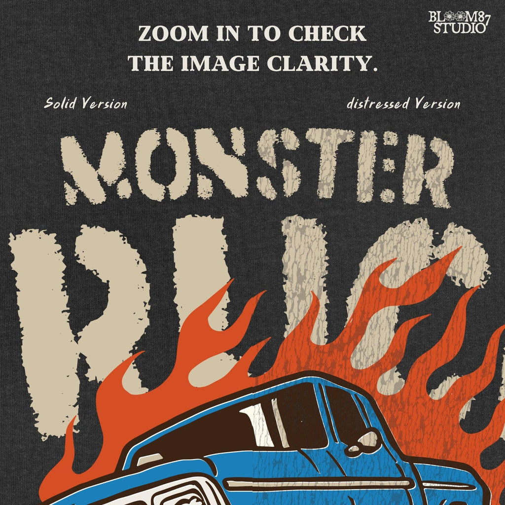 Blue monster truck with huge wheels and orange flames, illustrated in bold lines, ideal for boys birthday sublimation and crafts.