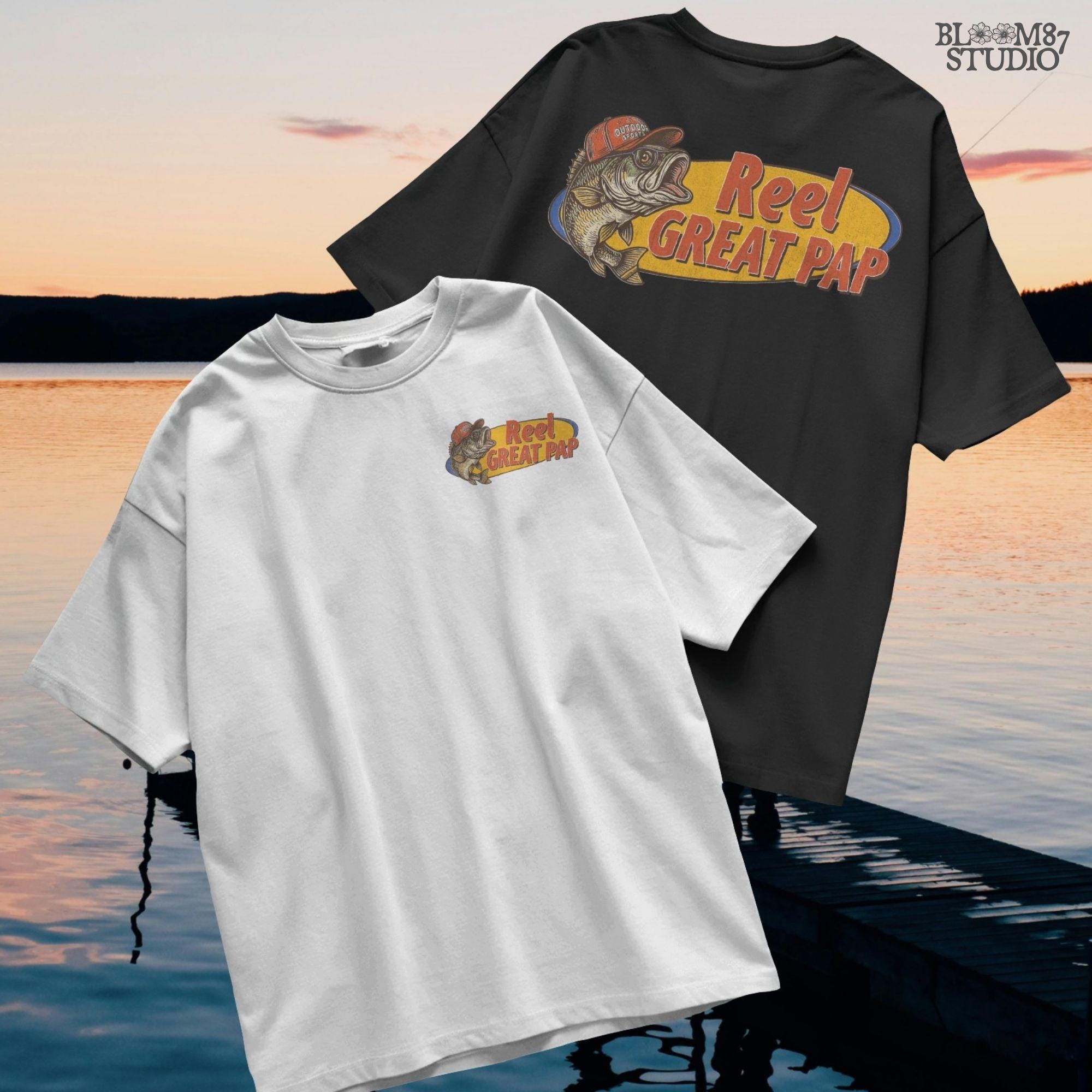 Vintage-style illustration of a largemouth bass in a red hat with retro text “Reel Great Pap” on a yellow and blue background