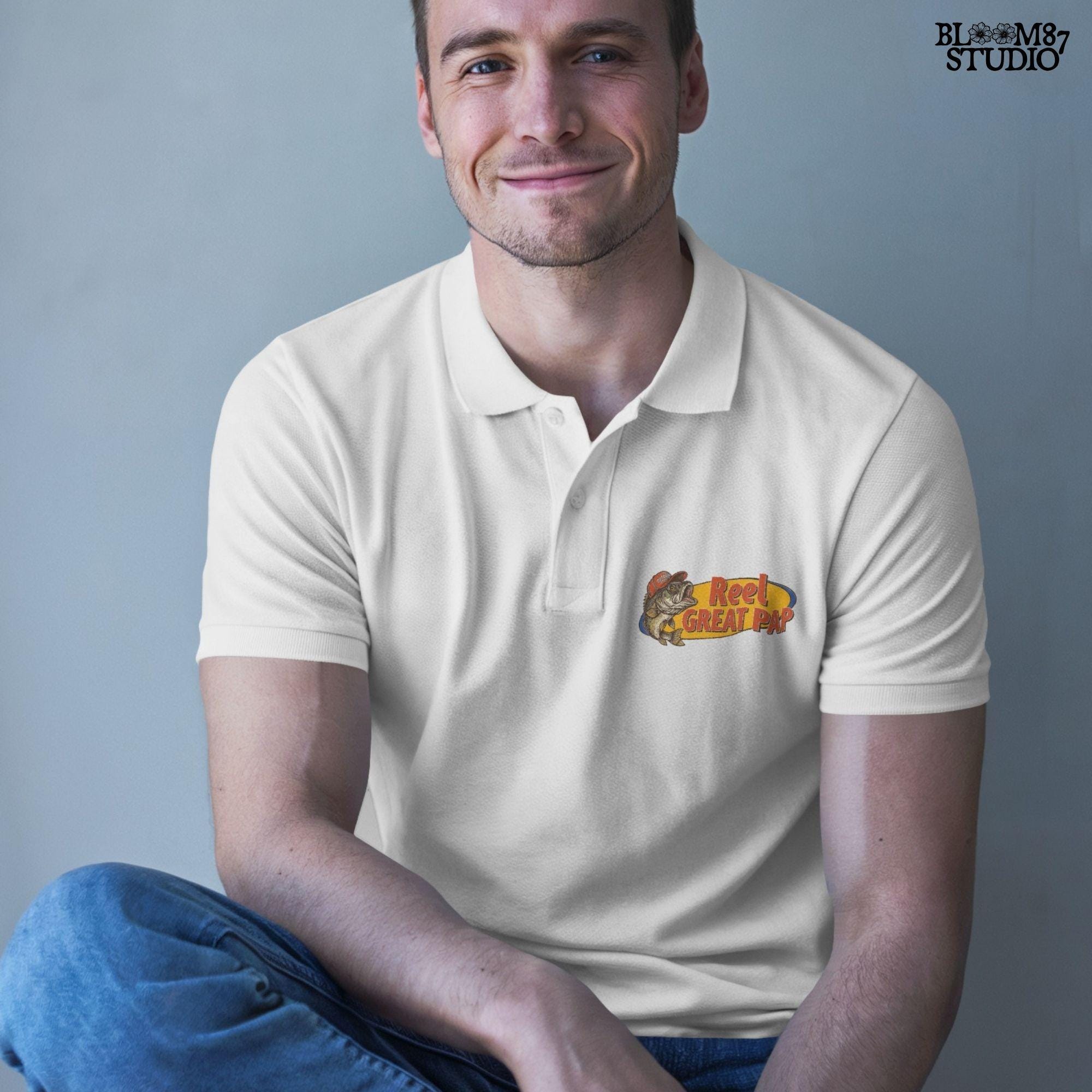 Vintage-style illustration of a largemouth bass in a red hat with retro text “Reel Great Pap” on a yellow and blue background