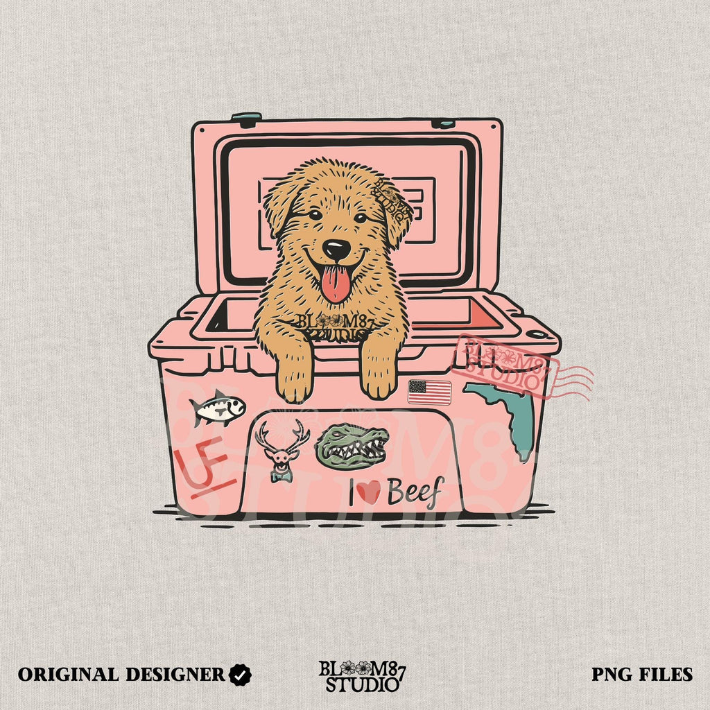 Golden retriever puppy with tongue out sitting inside a pink cooler decorated with Florida and beef stickers, sublimation design for dog lovers.
