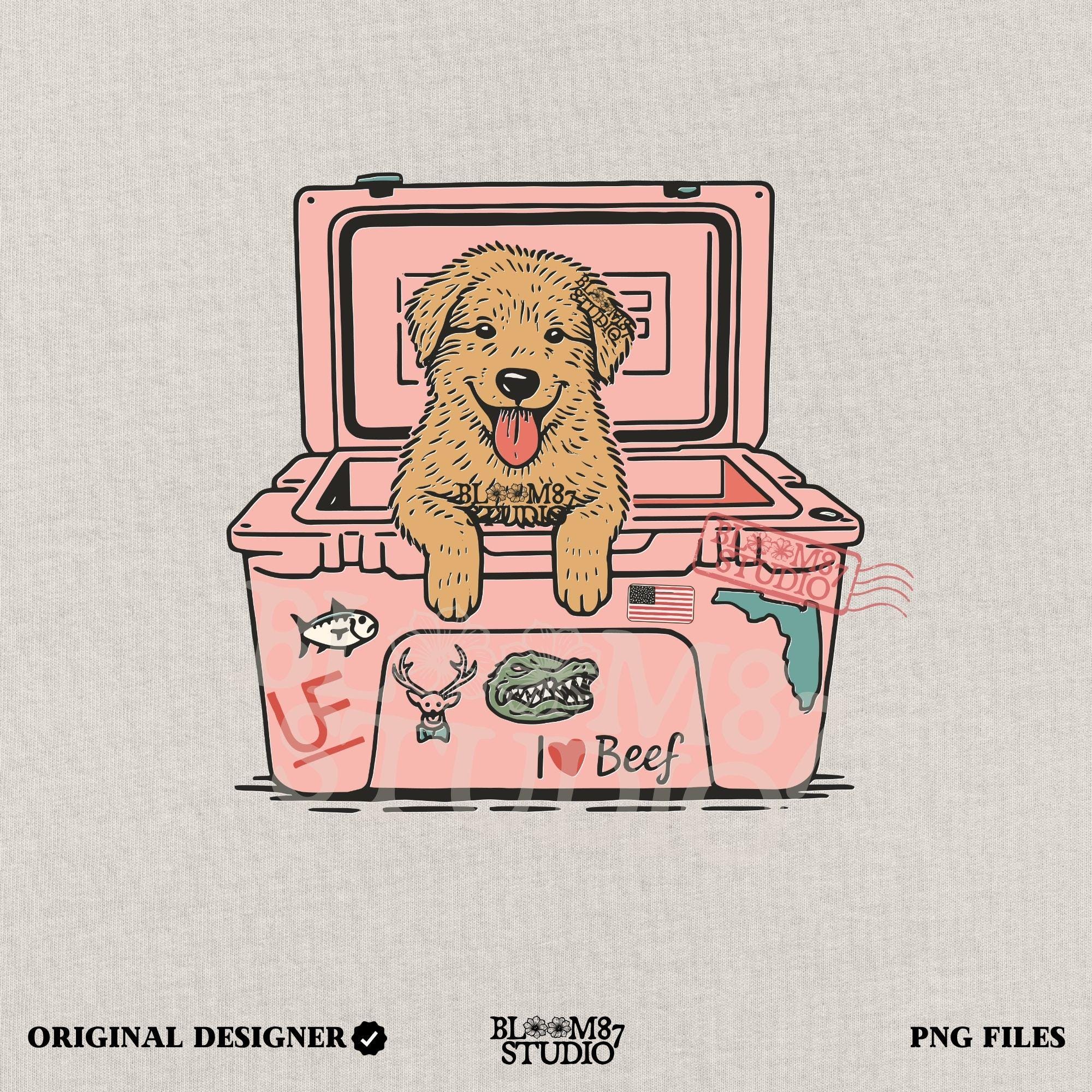 Golden retriever puppy with tongue out sitting inside a pink cooler decorated with Florida and beef stickers, sublimation design for dog lovers.