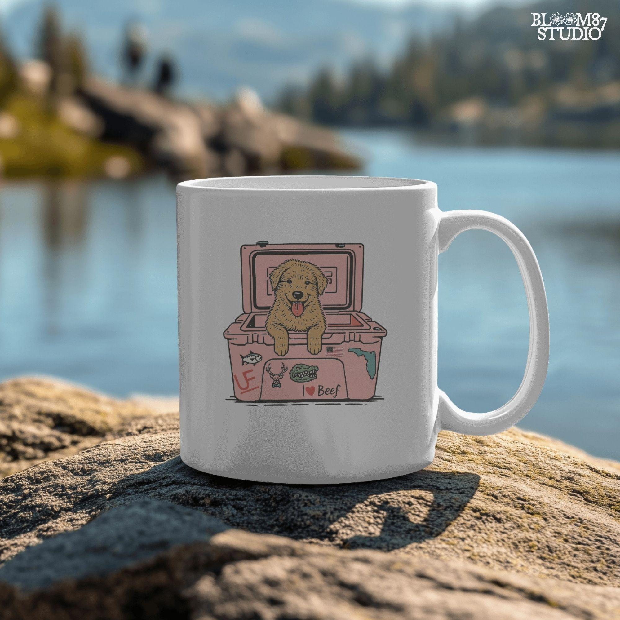 Golden retriever puppy with tongue out sitting inside a pink cooler decorated with Florida and beef stickers, sublimation design for dog lovers.