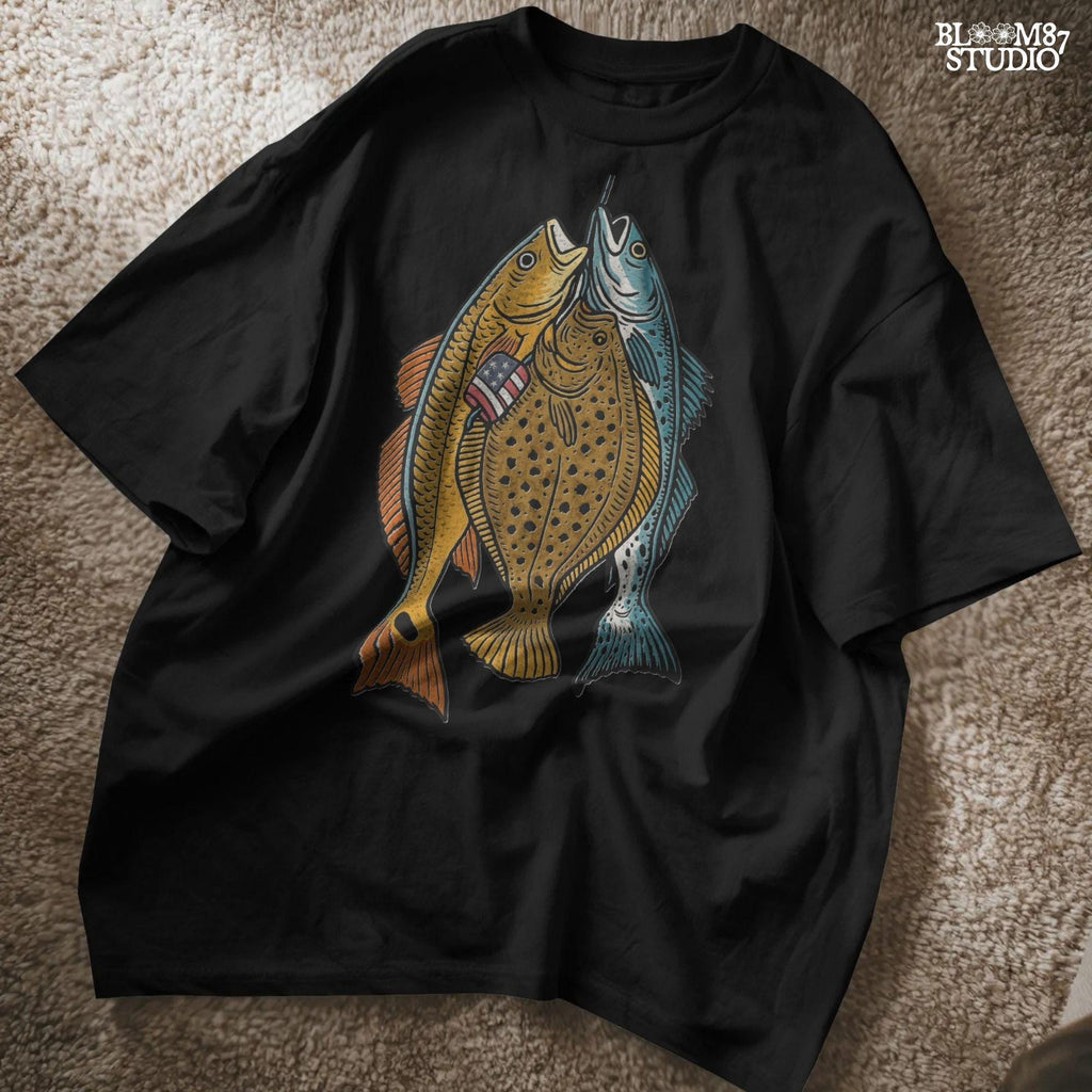 Three saltwater game fish (redfish, flounder, trout) hanging from a line, with a small American flag detail on one fish, in vintage patriotic fishing style