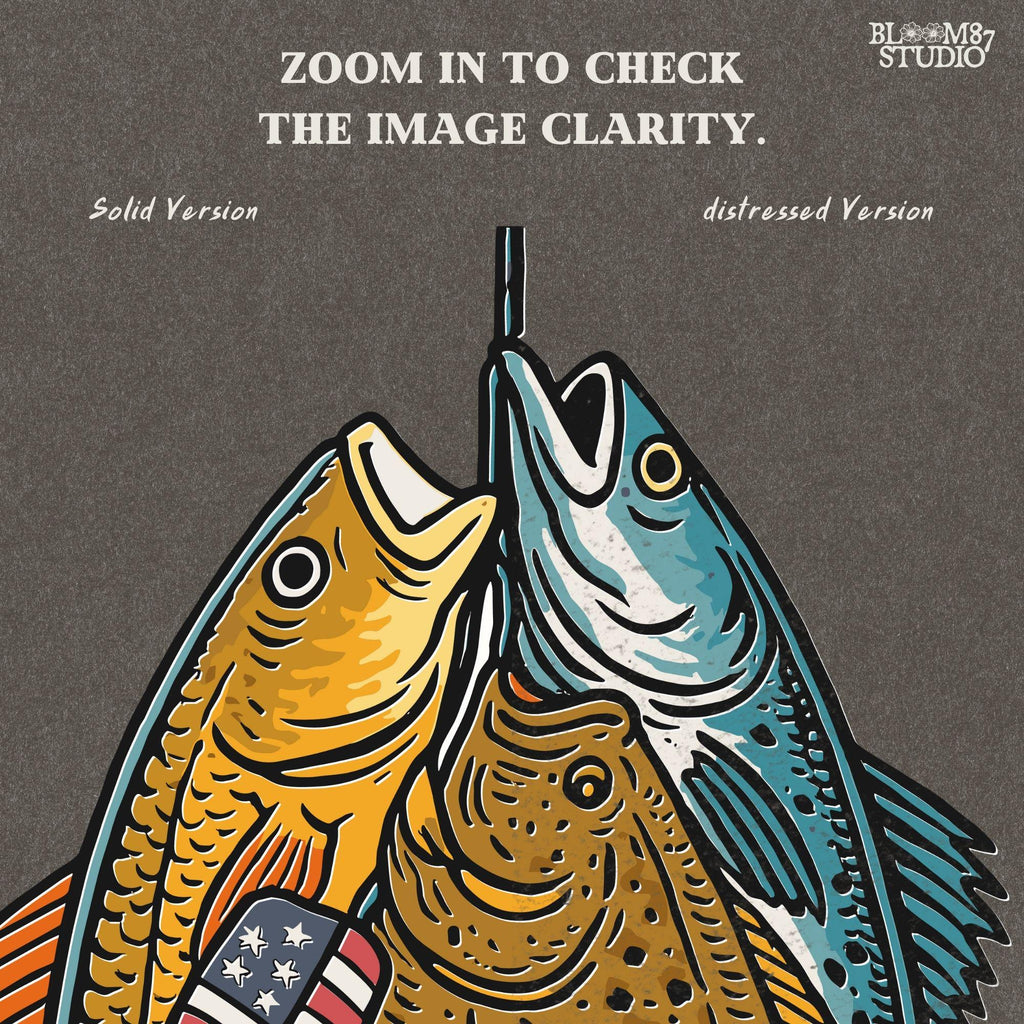 Three saltwater game fish (redfish, flounder, trout) hanging from a line, with a small American flag detail on one fish, in vintage patriotic fishing style