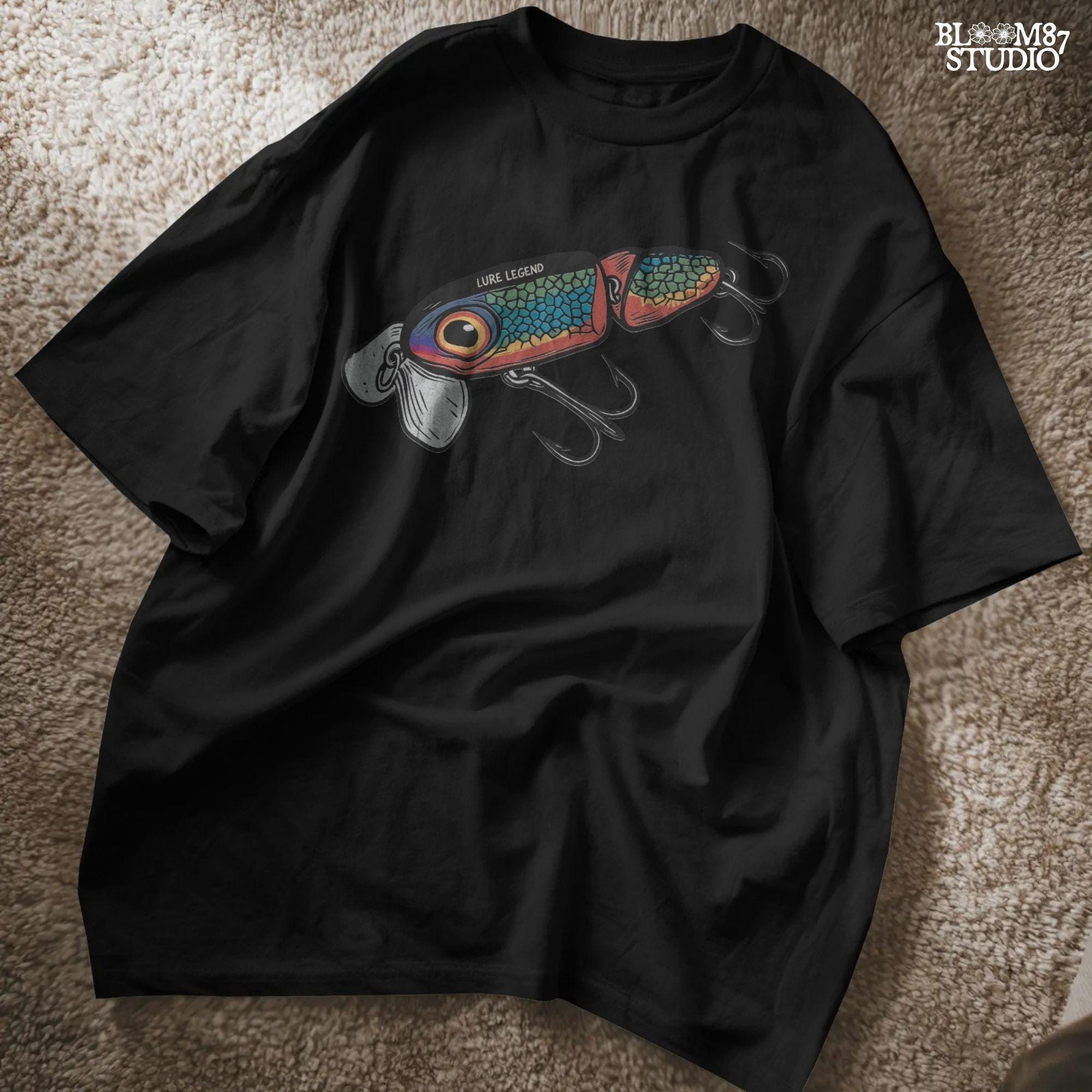 Colorful vintage fishing lure with rainbow scale pattern, metal hooks, and “Lure Legend” text – designed in bold cartoon style