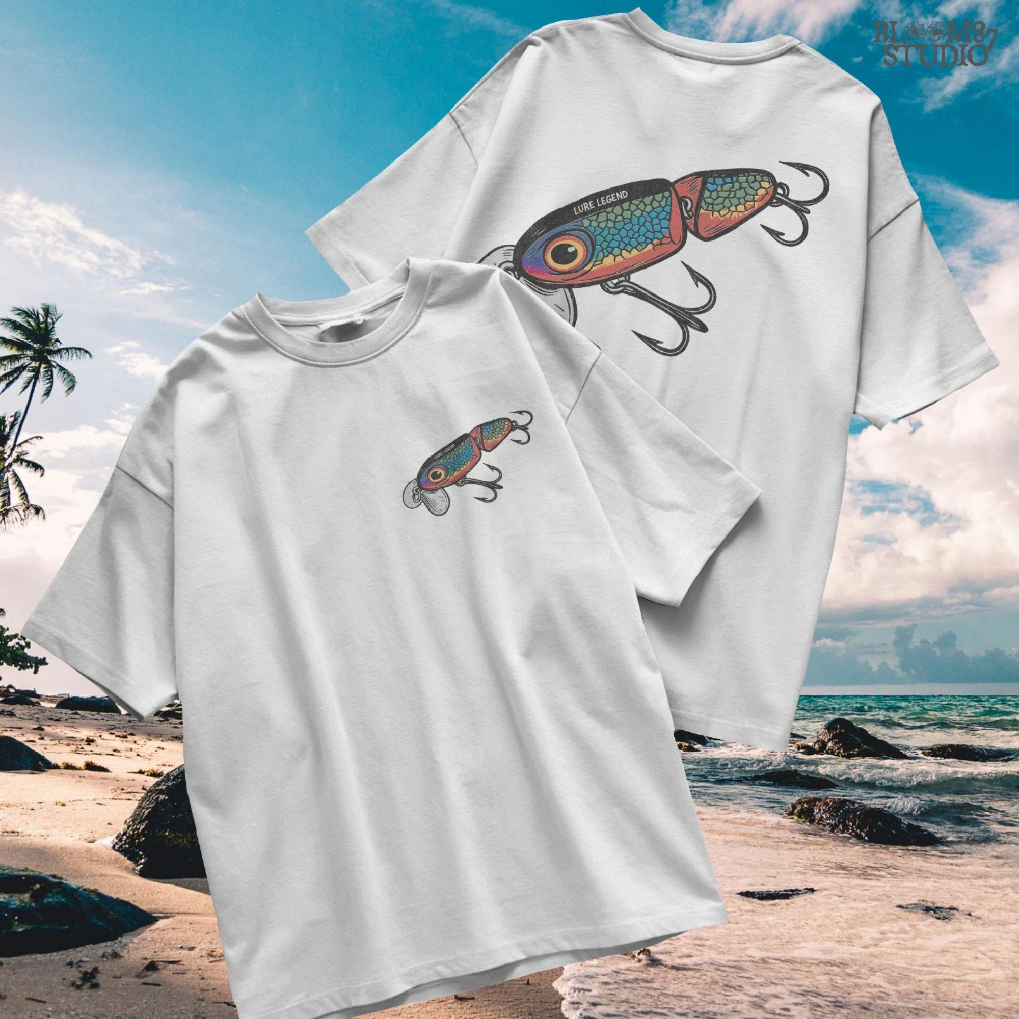 Colorful vintage fishing lure with rainbow scale pattern, metal hooks, and “Lure Legend” text – designed in bold cartoon style