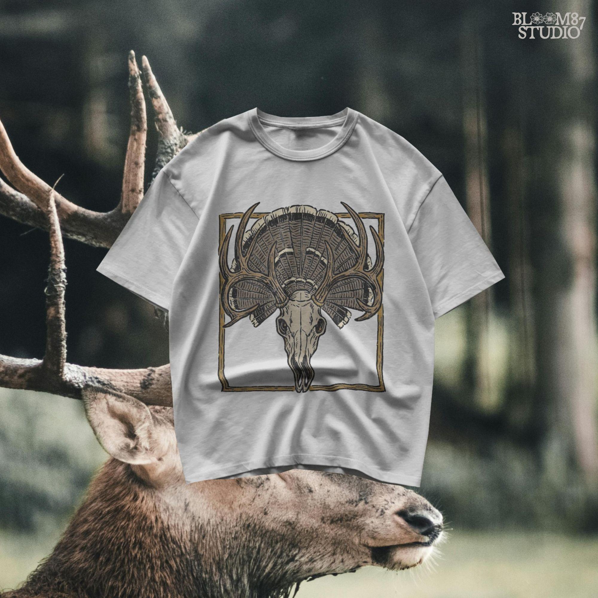 Illustration of a deer skull with antlers set in front of a fanned turkey tail and framed in a rustic square border