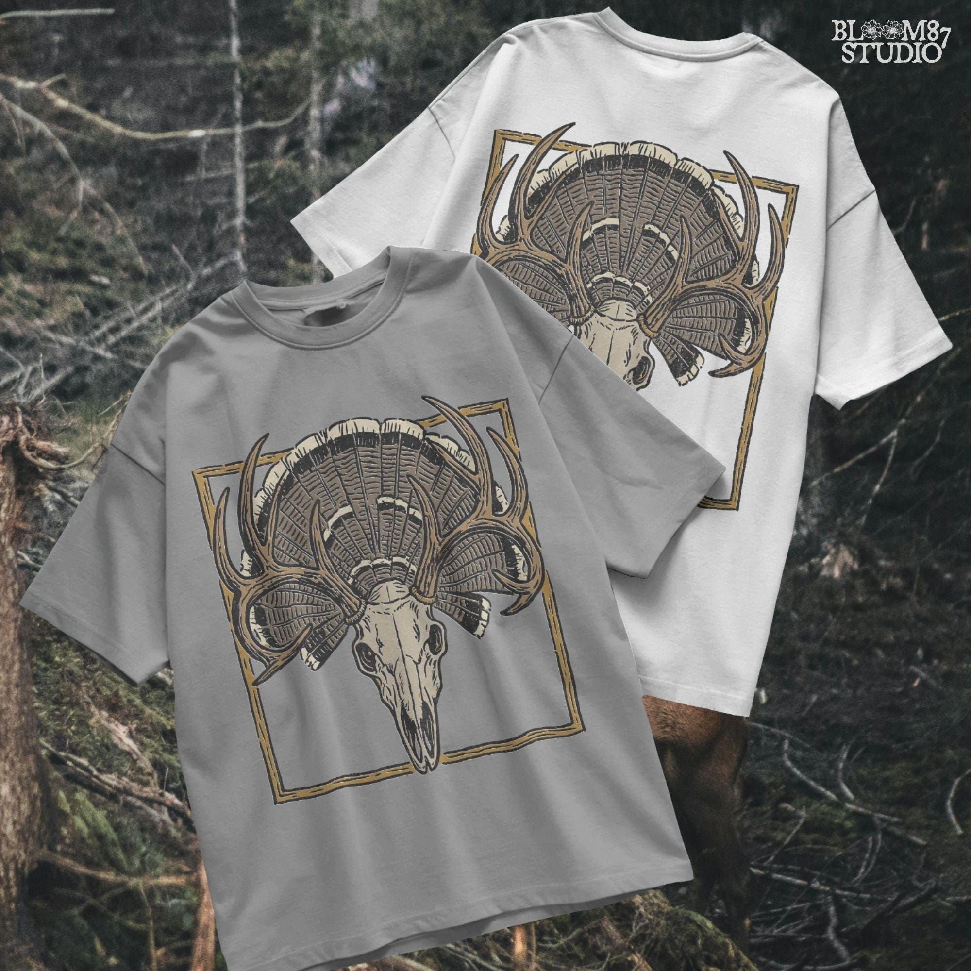 Illustration of a deer skull with antlers set in front of a fanned turkey tail and framed in a rustic square border