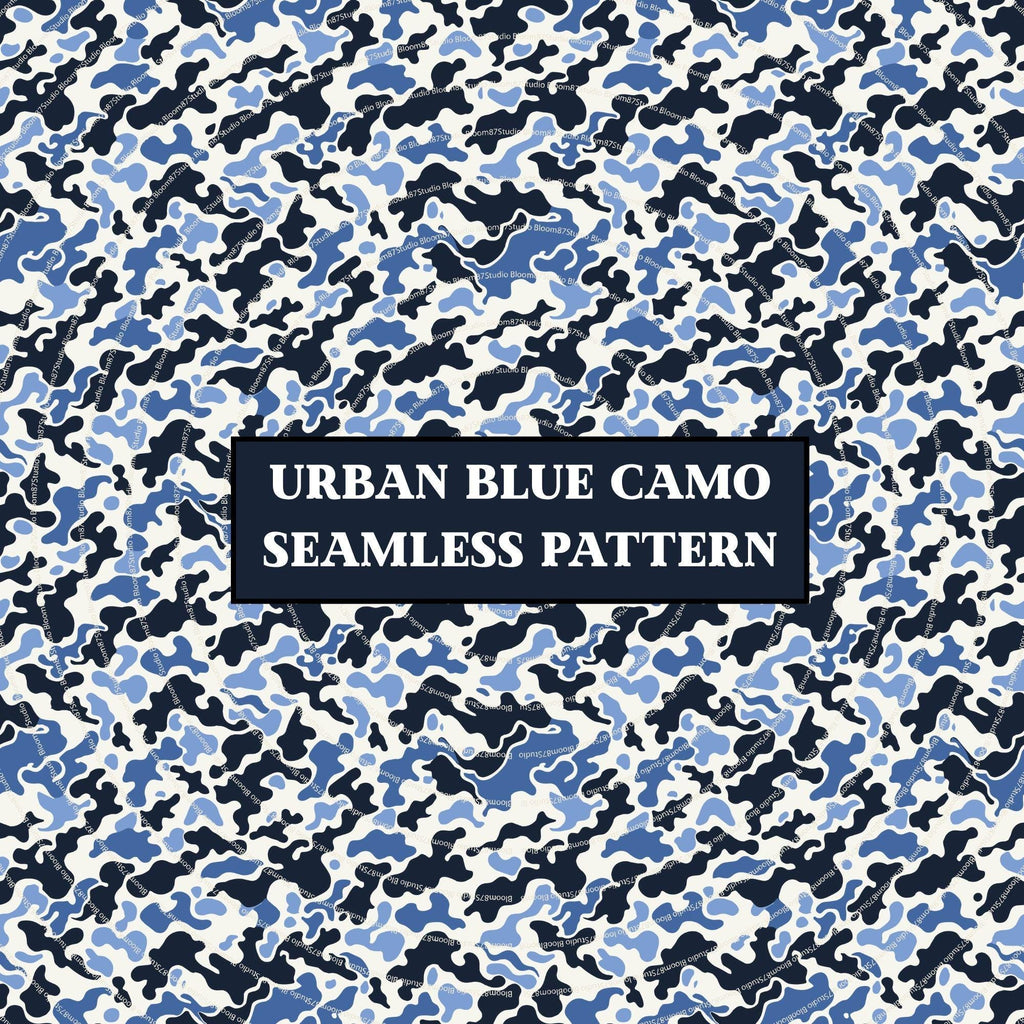 Seamless navy and blue urban camouflage pattern with white background – PNG file for tactical, streetwear, or digital use.