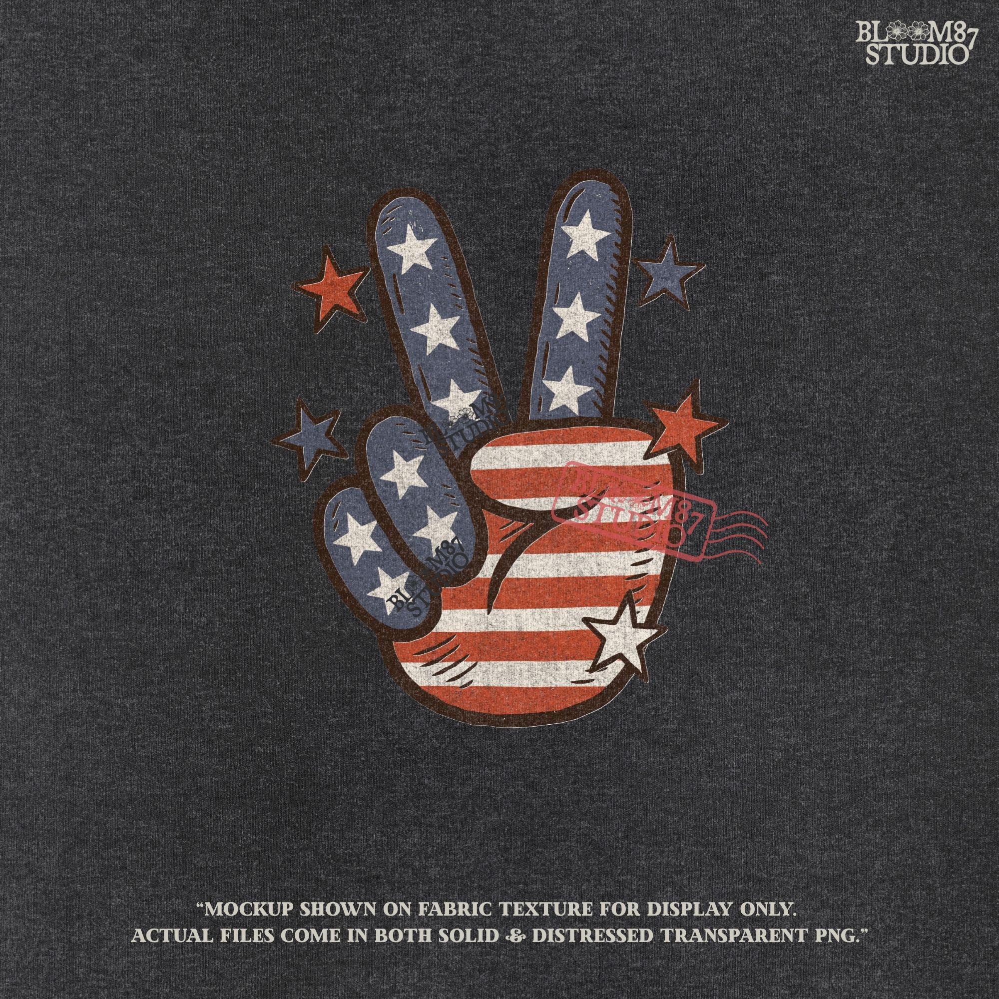 Peace hand symbol with stars and stripes in red, white, and blue American flag pattern surrounded by stars; retro patriotic sublimation art.