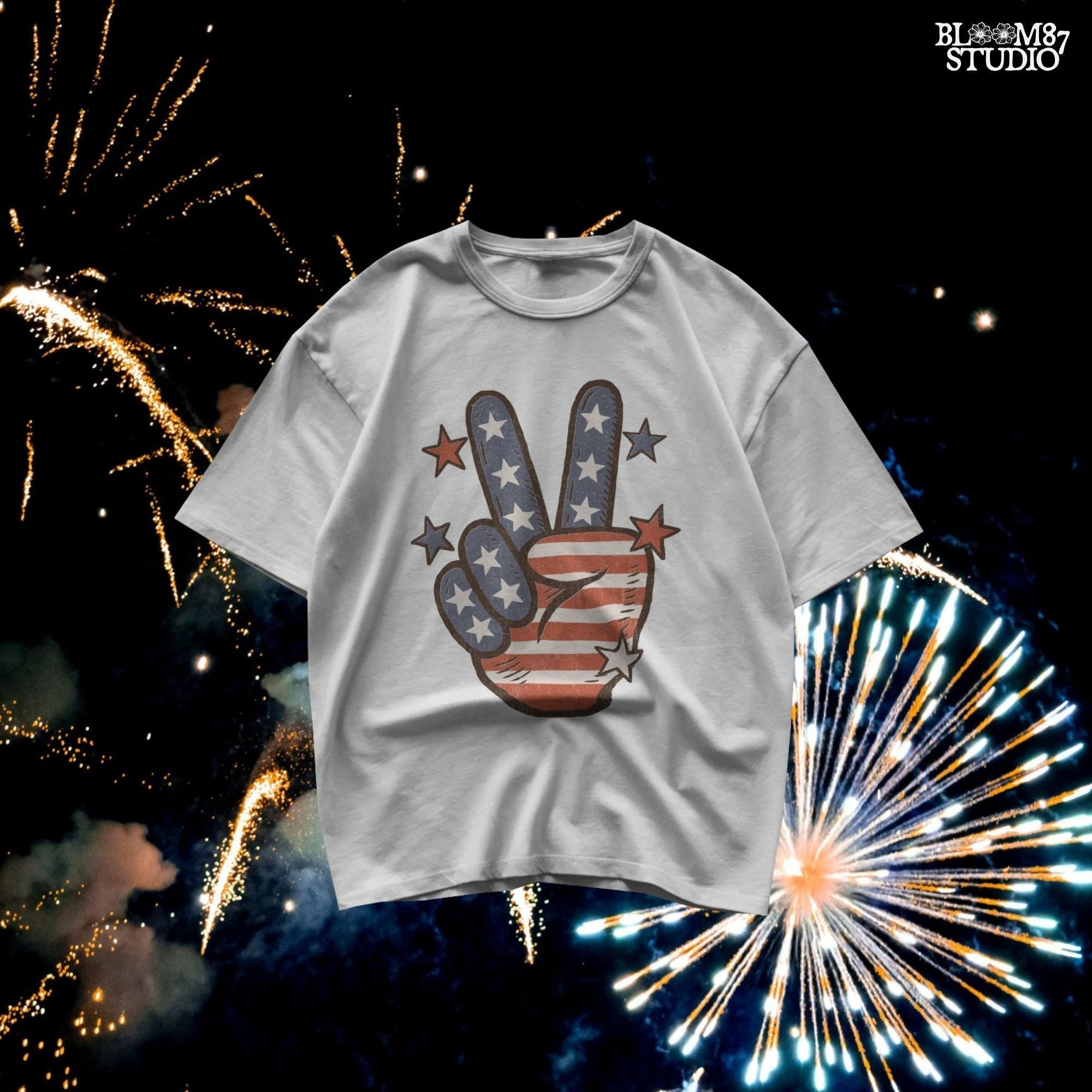 Peace hand symbol with stars and stripes in red, white, and blue American flag pattern surrounded by stars; retro patriotic sublimation art.