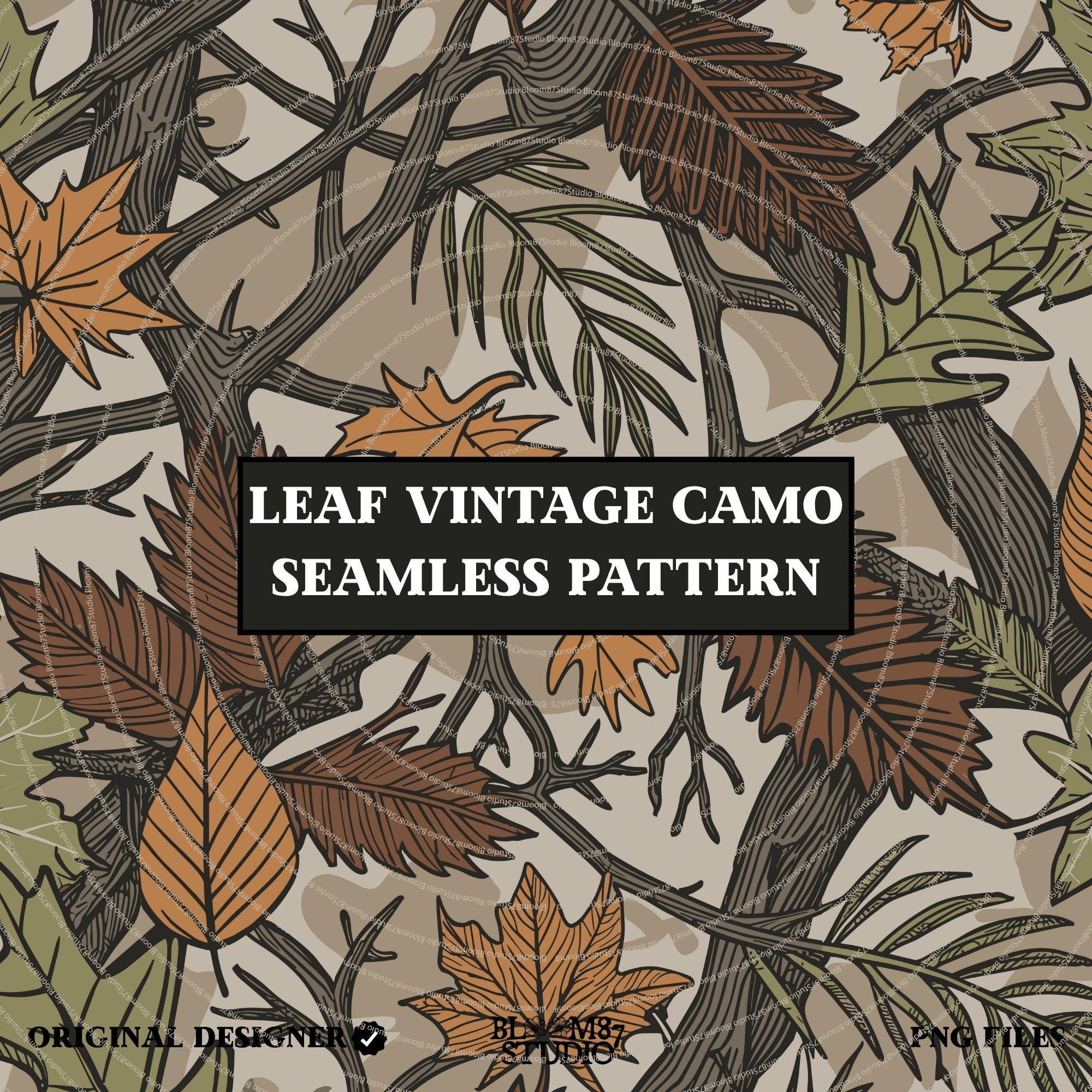 Seamless camouflage PNG pattern with autumn leaves, tree branches, and earthy tones of orange, brown, and green for fall sublimation use.