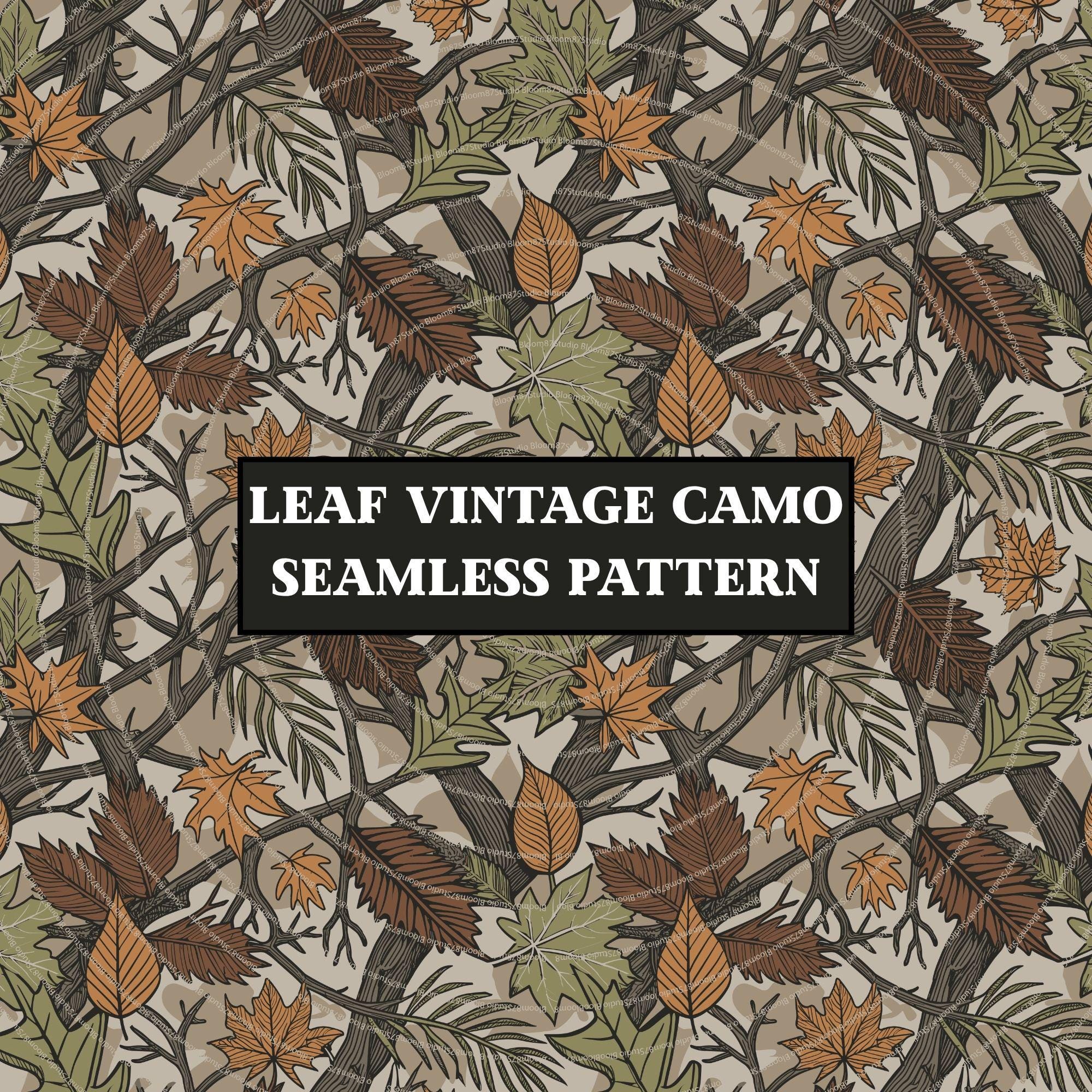 Seamless camouflage PNG pattern with autumn leaves, tree branches, and earthy tones of orange, brown, and green for fall sublimation use.