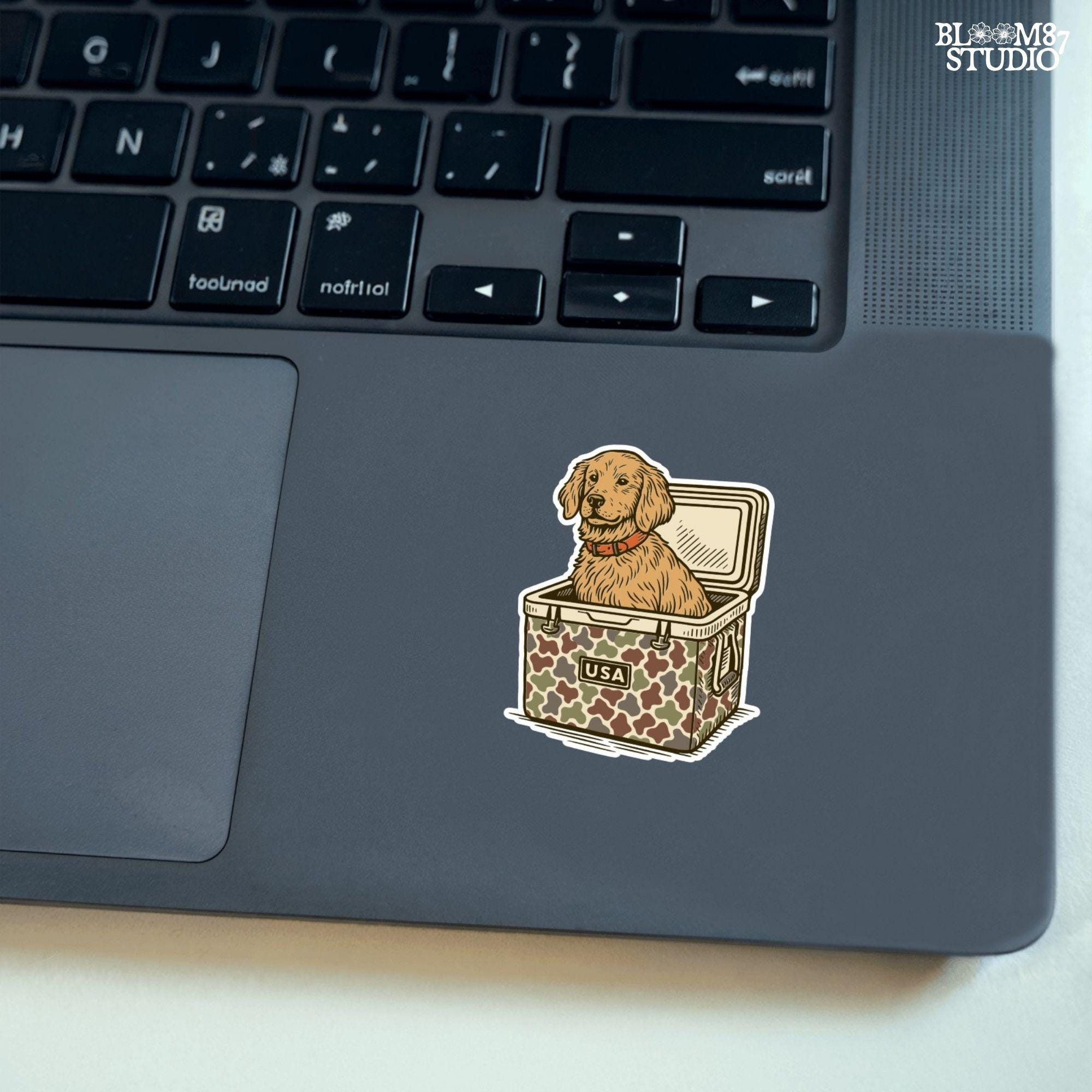 Cute golden retriever dog sitting inside a camouflage cooler with “USA” label, in a rustic patriotic cartoon style