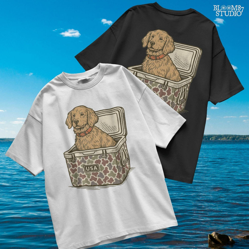 Cute golden retriever dog sitting inside a camouflage cooler with “USA” label, in a rustic patriotic cartoon style