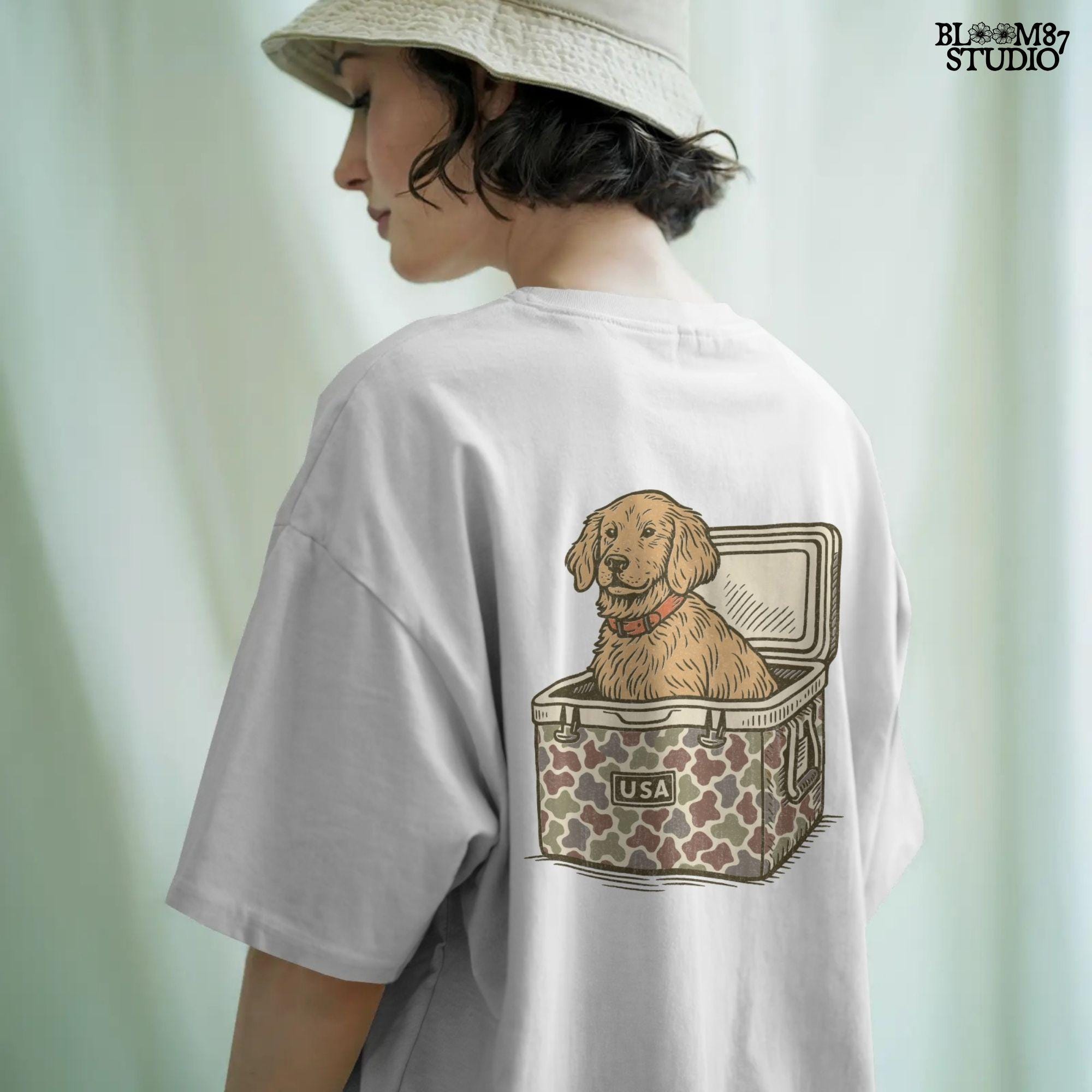 Cute golden retriever dog sitting inside a camouflage cooler with “USA” label, in a rustic patriotic cartoon style