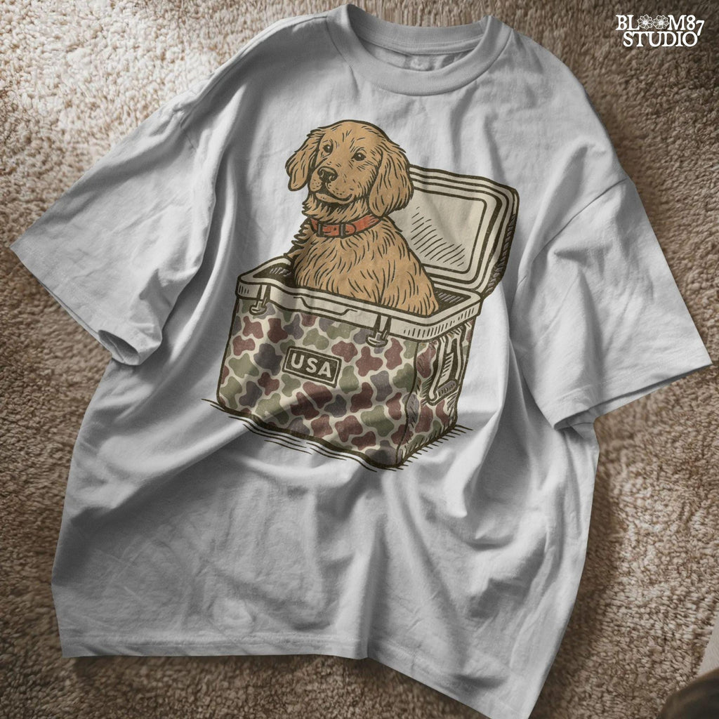 Cute golden retriever dog sitting inside a camouflage cooler with “USA” label, in a rustic patriotic cartoon style