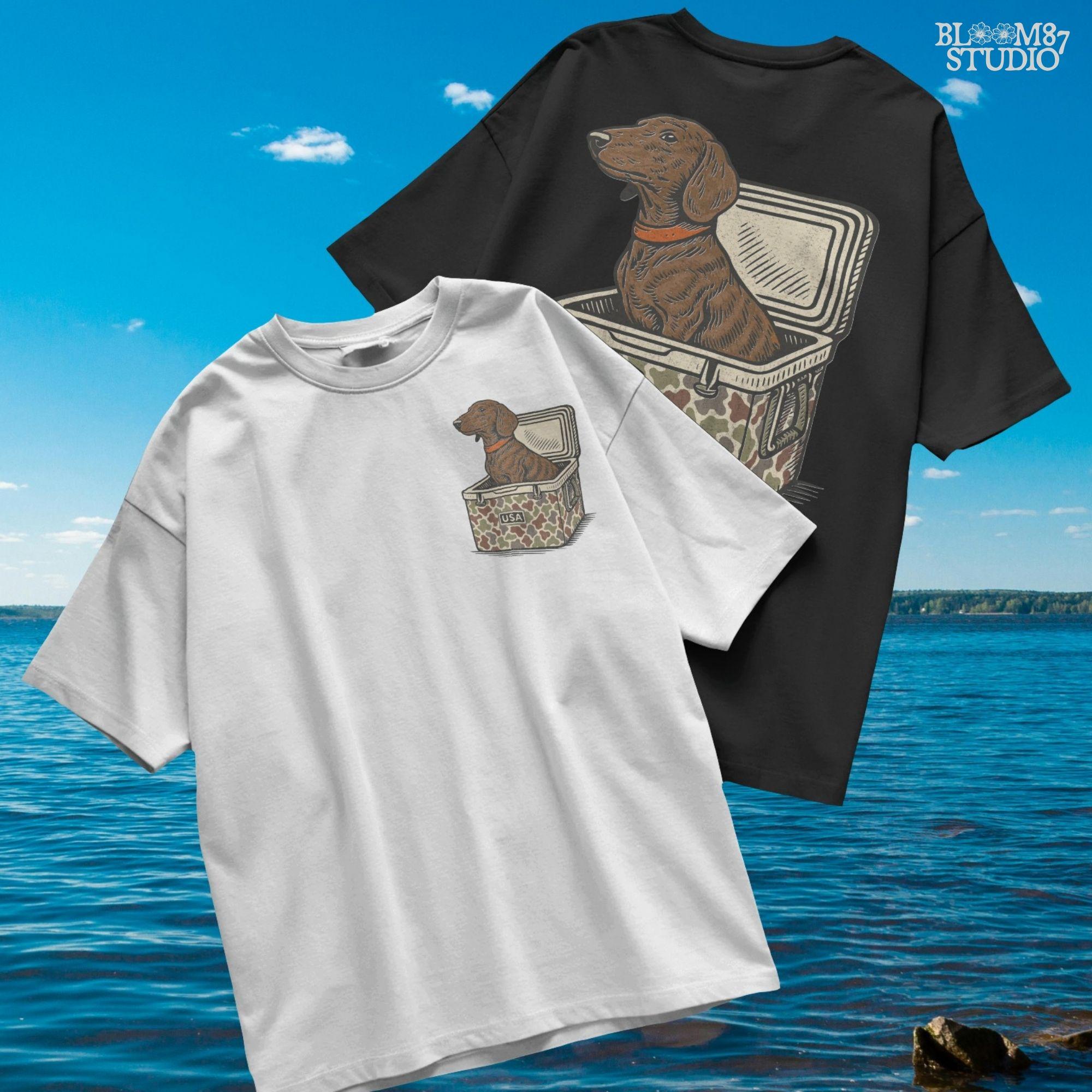 Brown dachshund dog sitting in camouflage cooler labeled “USA” with a red collar, drawn in patriotic cartoon style