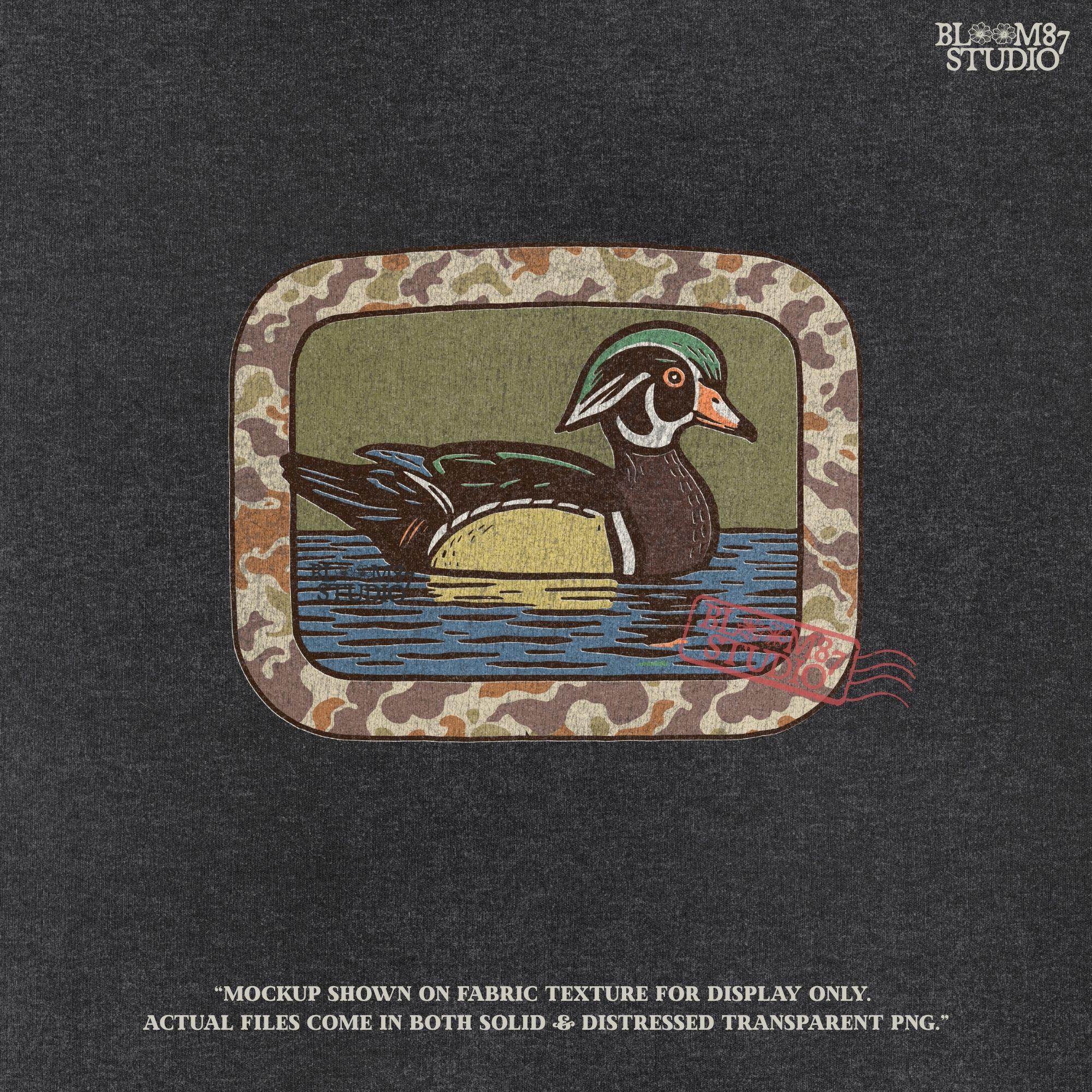 Rustic wood duck illustration with green, brown, and tan camo border; sublimation PNG for hunting or wildlife-themed crafts and apparel.