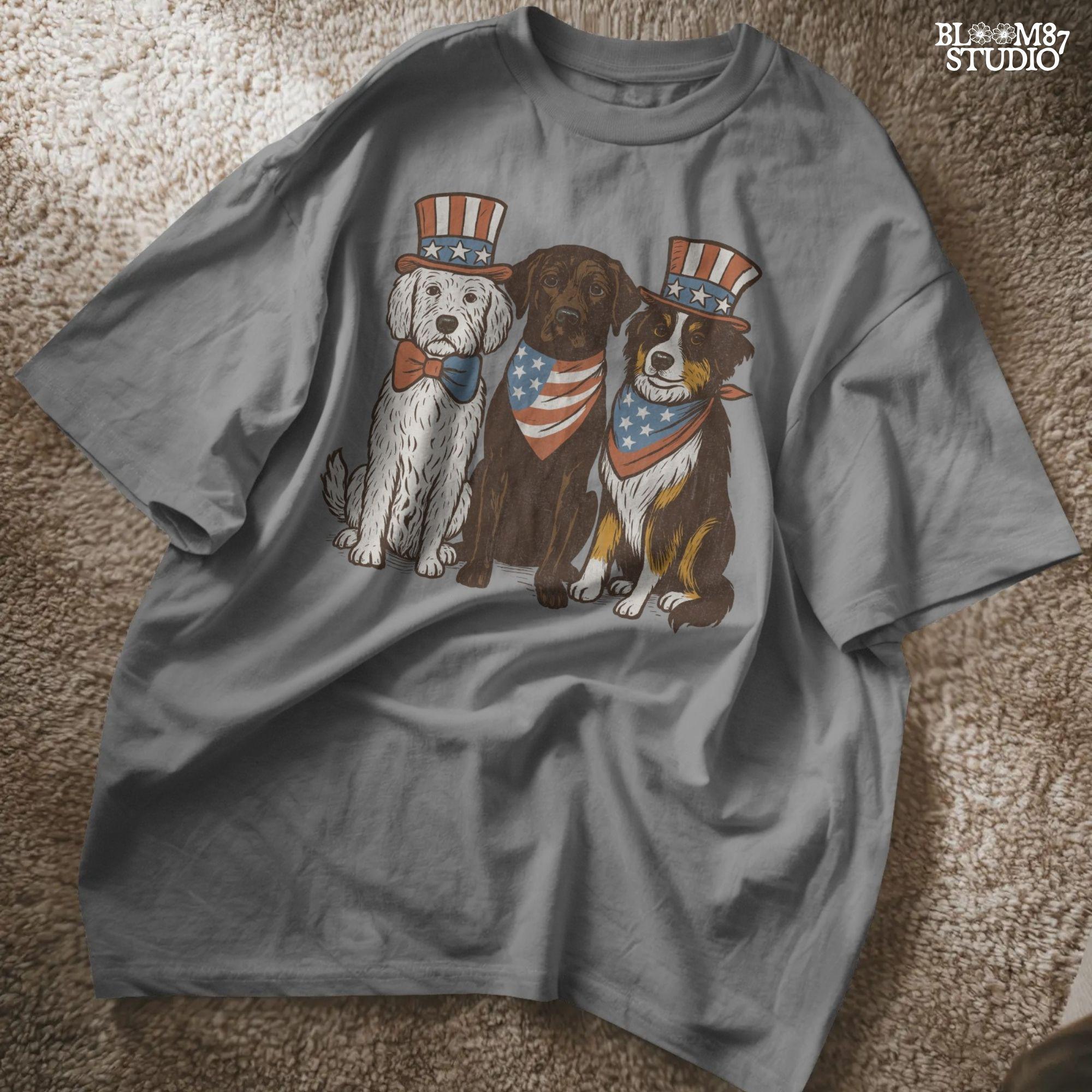 Cartoon-style Goldendoodle, Chocolate Labrador, and Australian Shepherd wearing patriotic USA outfits for 4th of July