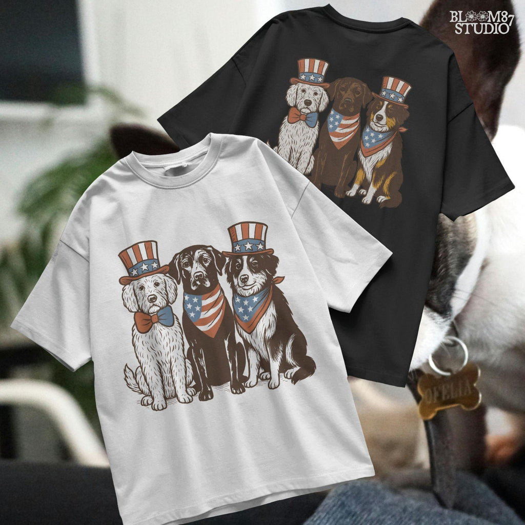 Cartoon-style Goldendoodle, Chocolate Labrador, and Australian Shepherd wearing patriotic USA outfits for 4th of July