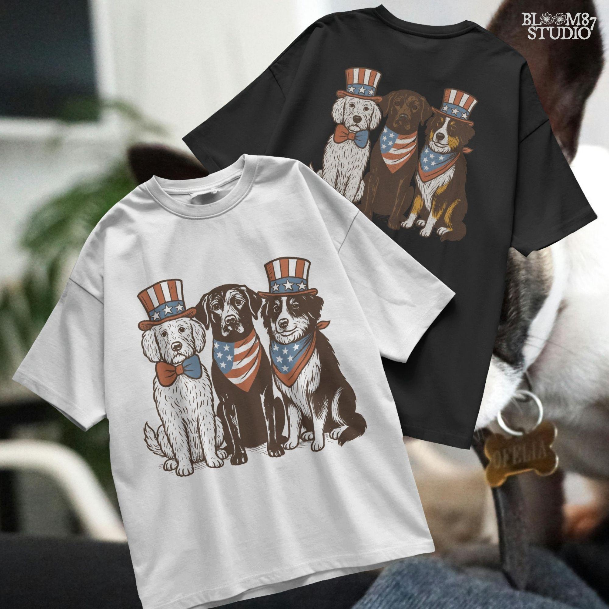 Cartoon-style Goldendoodle, Chocolate Labrador, and Australian Shepherd wearing patriotic USA outfits for 4th of July