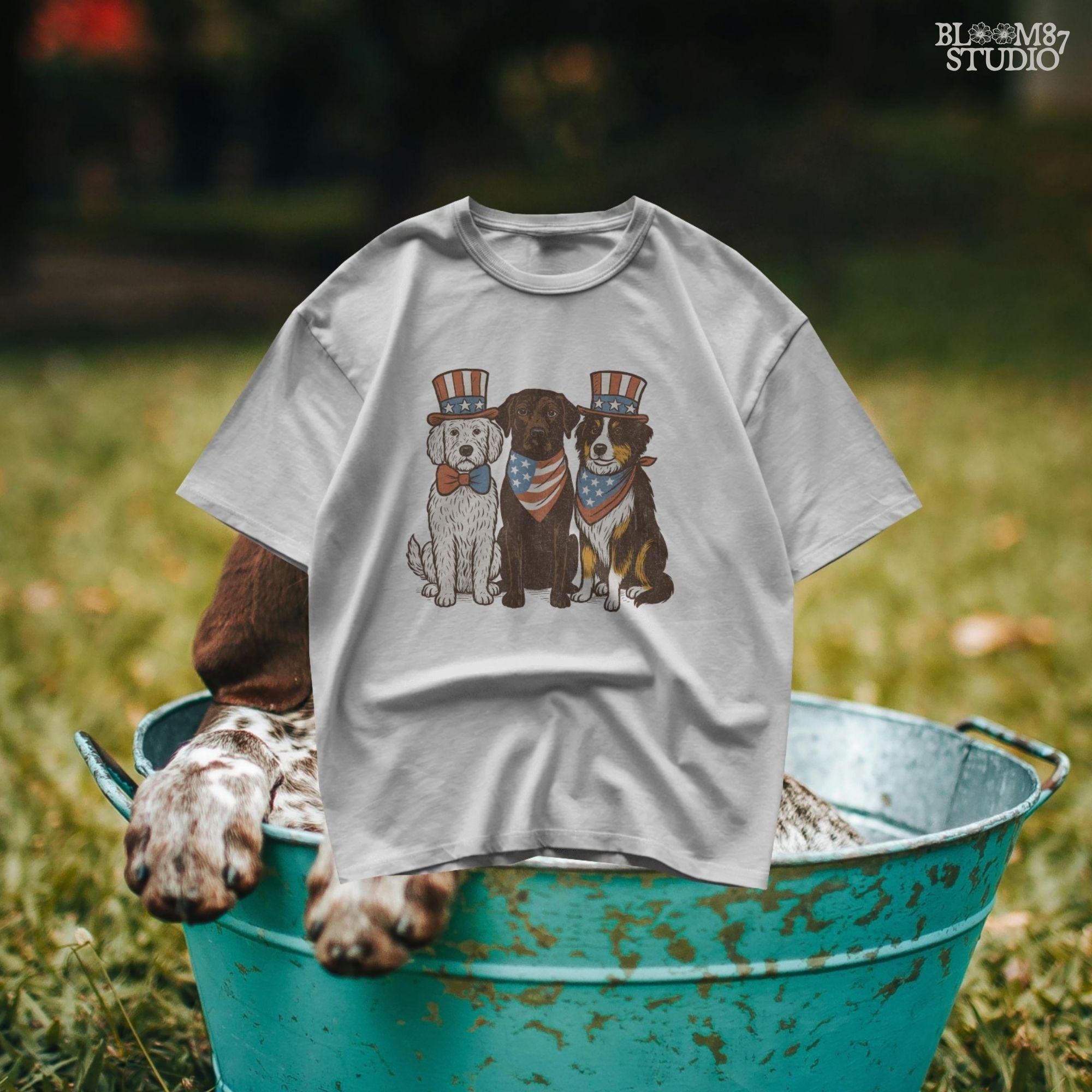 Cartoon-style Goldendoodle, Chocolate Labrador, and Australian Shepherd wearing patriotic USA outfits for 4th of July