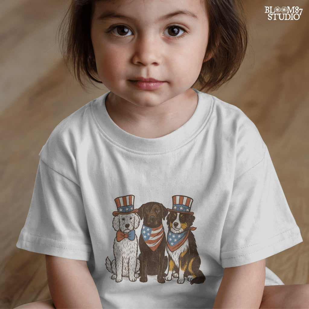 Cartoon-style Goldendoodle, Chocolate Labrador, and Australian Shepherd wearing patriotic USA outfits for 4th of July