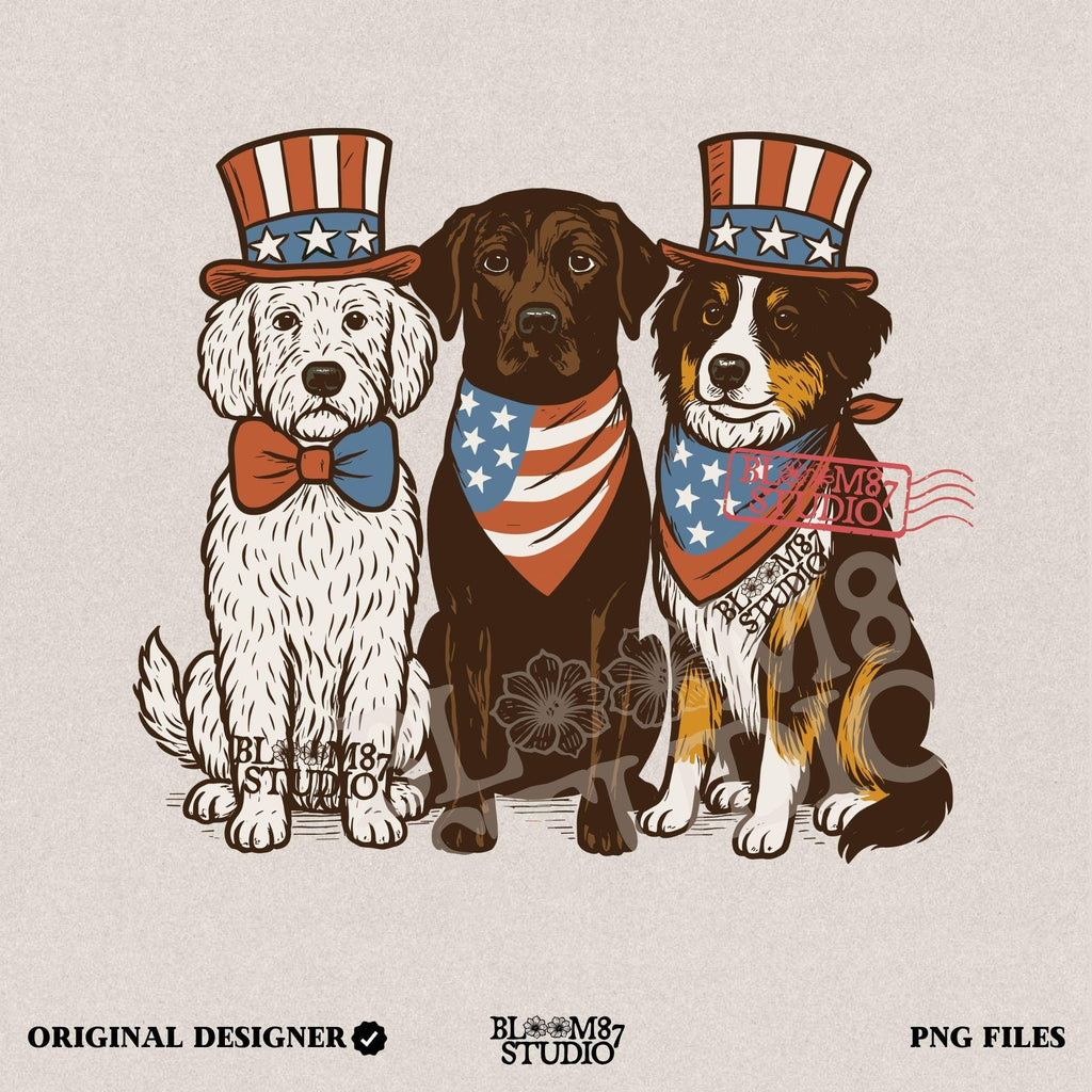 Cartoon-style Goldendoodle, Chocolate Labrador, and Australian Shepherd wearing patriotic USA outfits for 4th of July