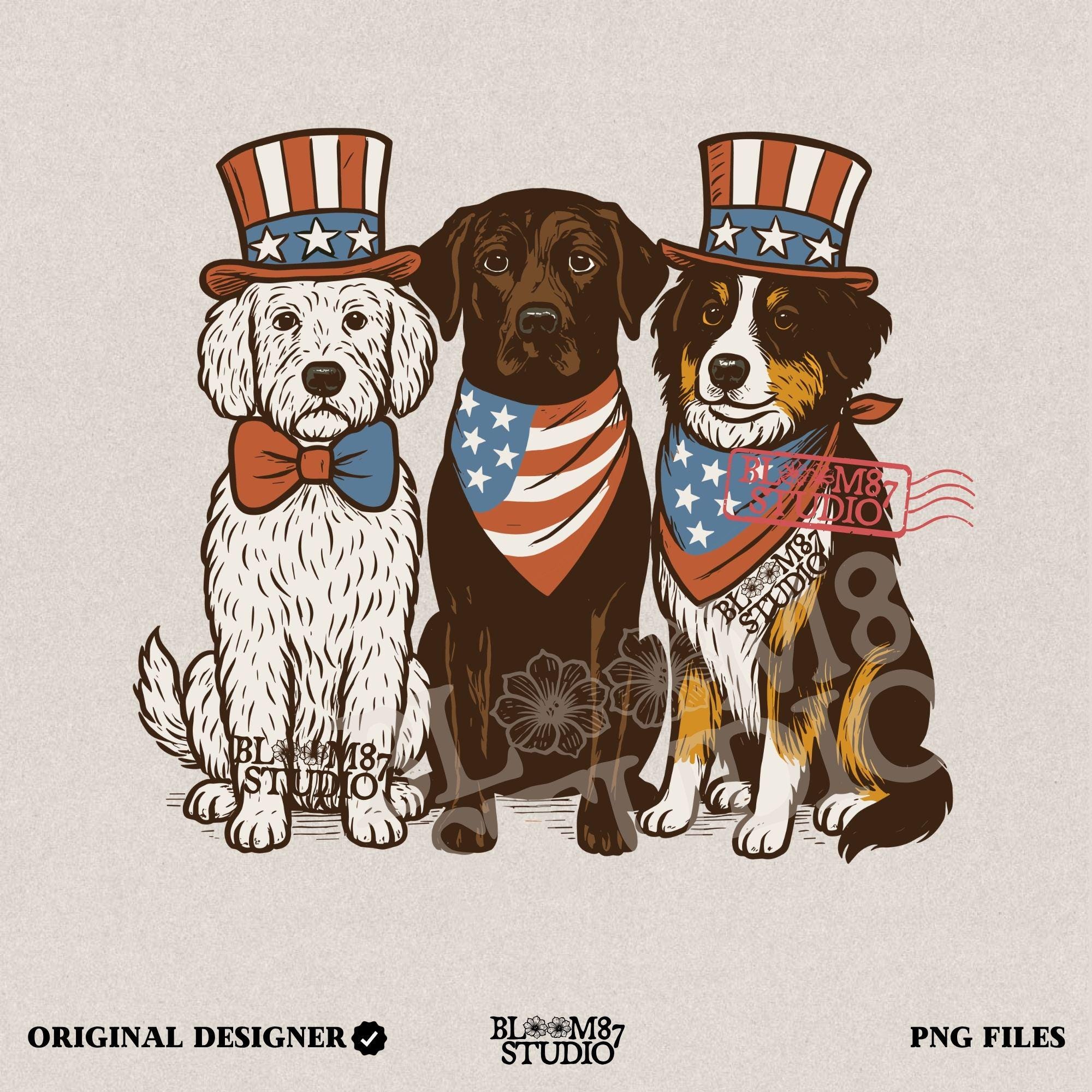 Cartoon-style Goldendoodle, Chocolate Labrador, and Australian Shepherd wearing patriotic USA outfits for 4th of July