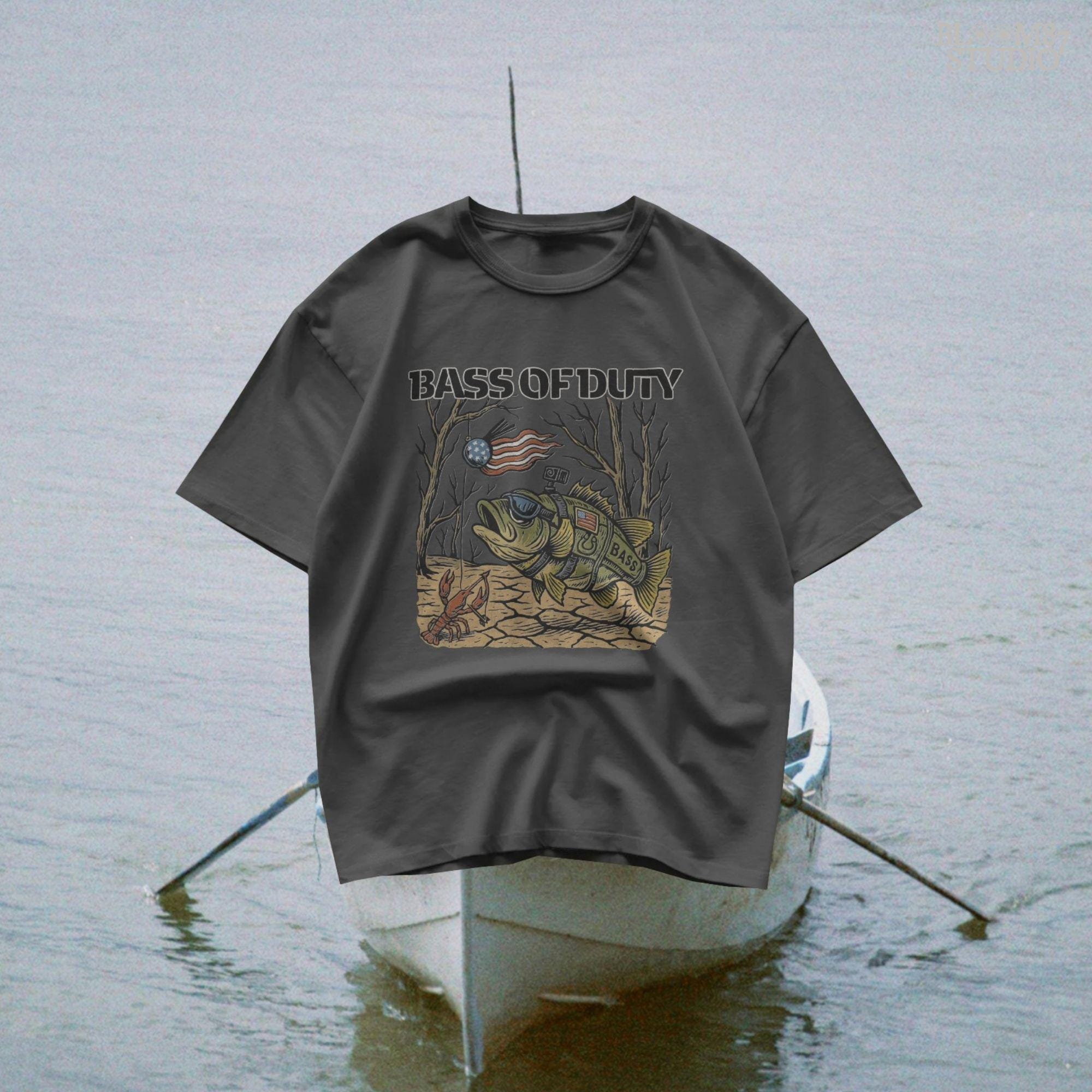 Cartoon bass fish in military gear with USA flag patch and GoPro, chasing patriotic crankbait with crawfish holding crossbow under dry lakebed