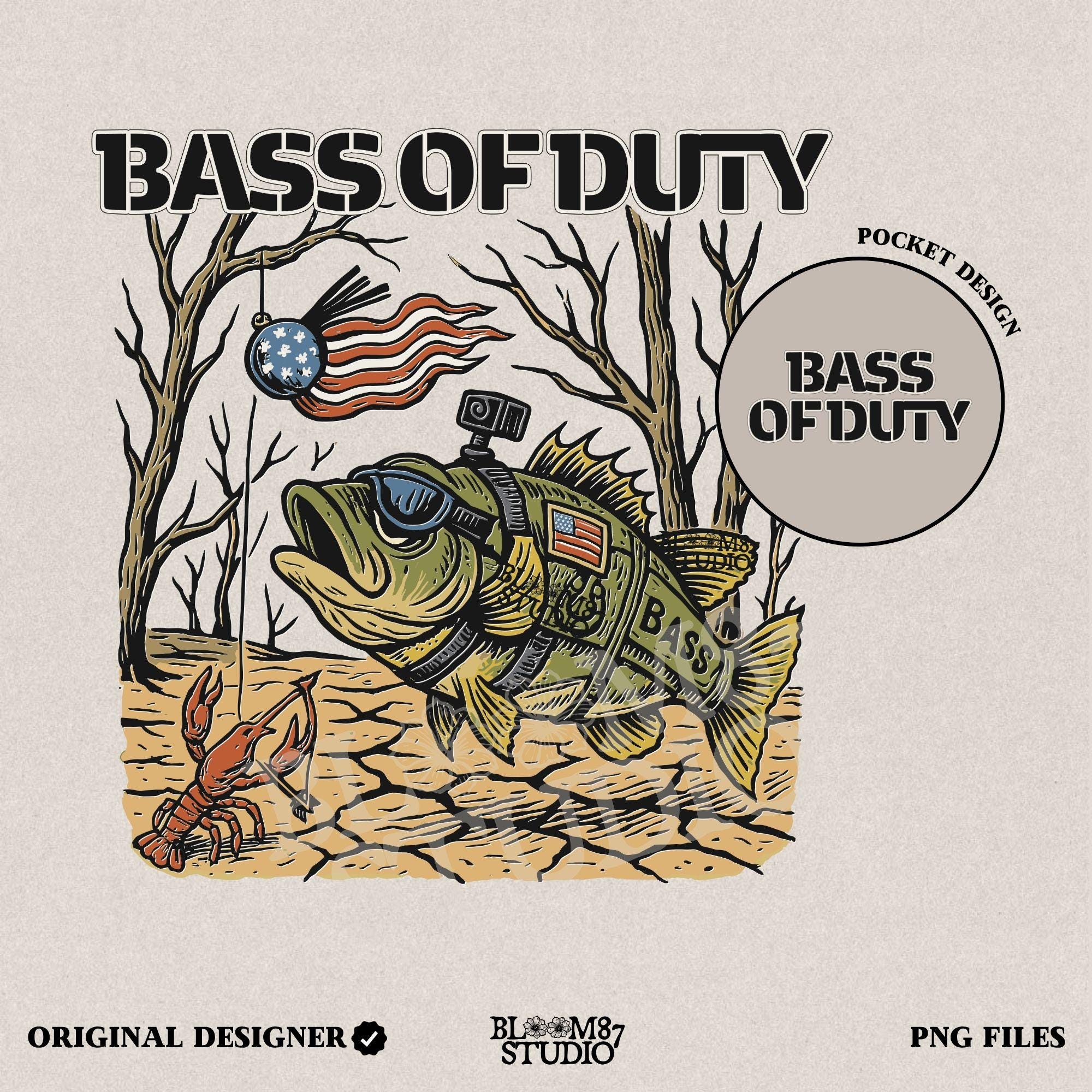 Cartoon bass fish in military gear with USA flag patch and GoPro, chasing patriotic crankbait with crawfish holding crossbow under dry lakebed
