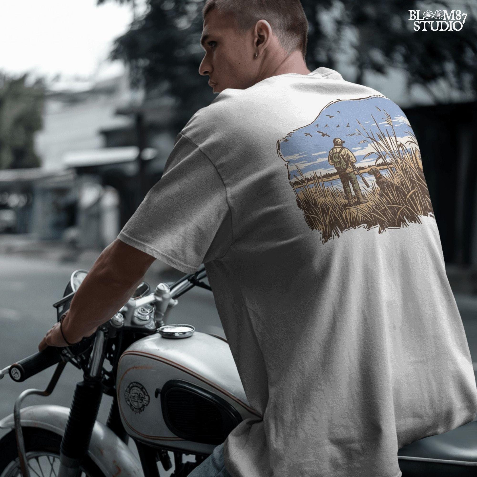 Rustic illustration of a duck hunter with shotgun standing beside his dog in a marsh, watching ducks fly overhead under a blue sky