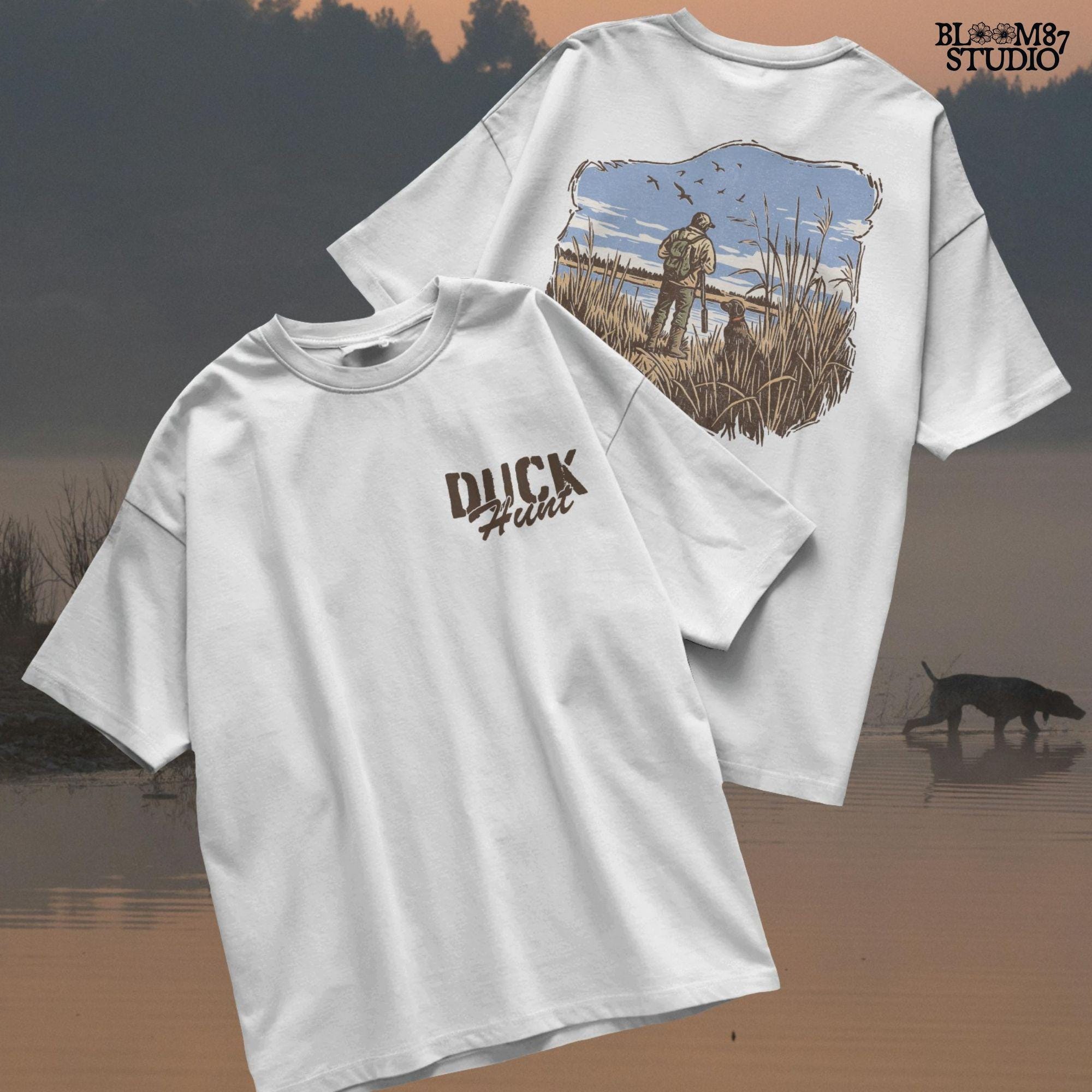 Rustic illustration of a duck hunter with shotgun standing beside his dog in a marsh, watching ducks fly overhead under a blue sky