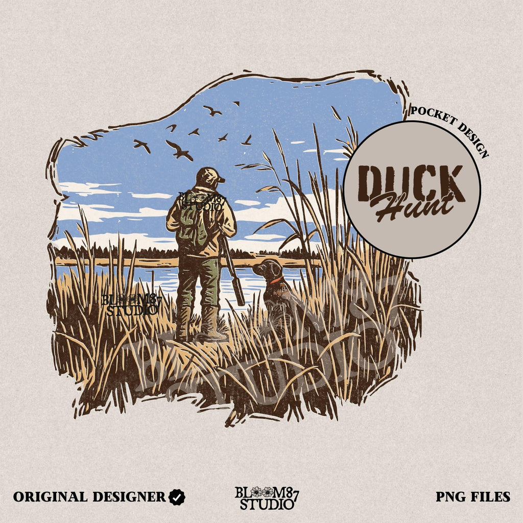Rustic illustration of a duck hunter with shotgun standing beside his dog in a marsh, watching ducks fly overhead under a blue sky
