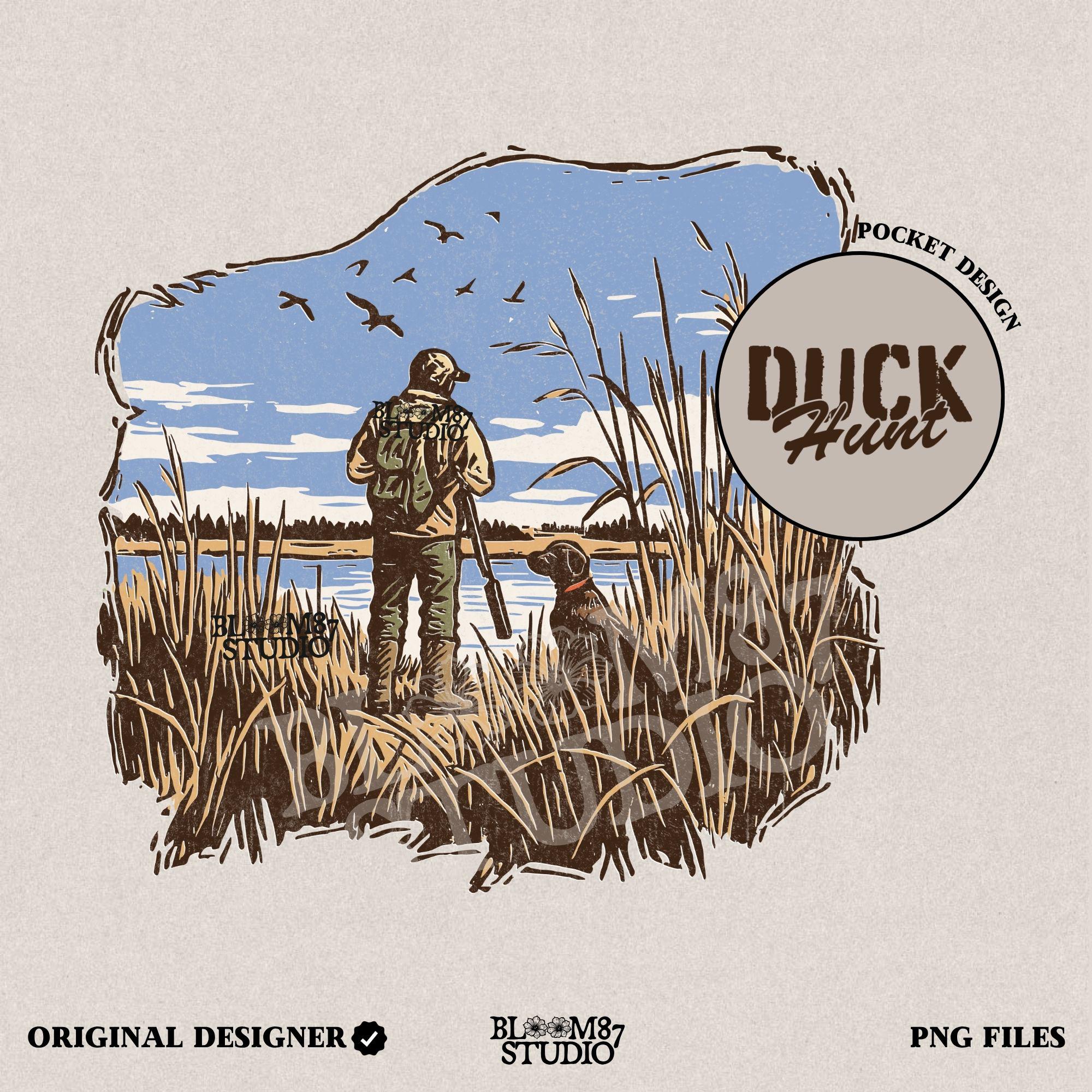Rustic illustration of a duck hunter with shotgun standing beside his dog in a marsh, watching ducks fly overhead under a blue sky