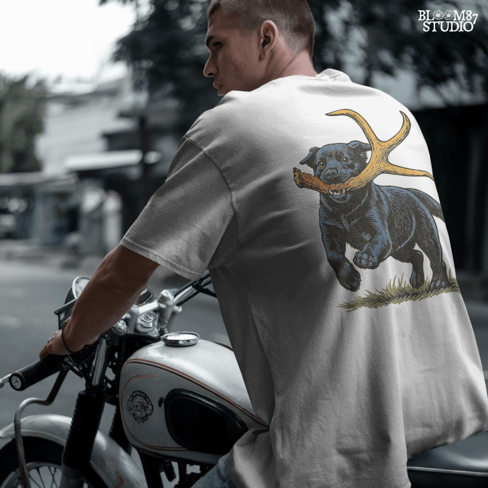 Black Labrador retriever running with a deer shed antler in its mouth, with bonus “Shed Hunt” circular pocket badge in rustic style