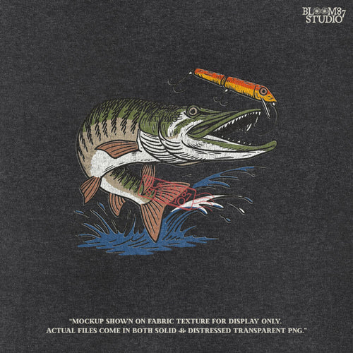 Aggressive muskie fish jumping out of the water to bite a bright orange fishing lure, drawn in vintage cartoon style with splash effects.
