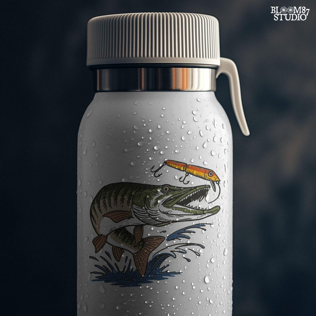 Aggressive muskie fish jumping out of the water to bite a bright orange fishing lure, drawn in vintage cartoon style with splash effects.