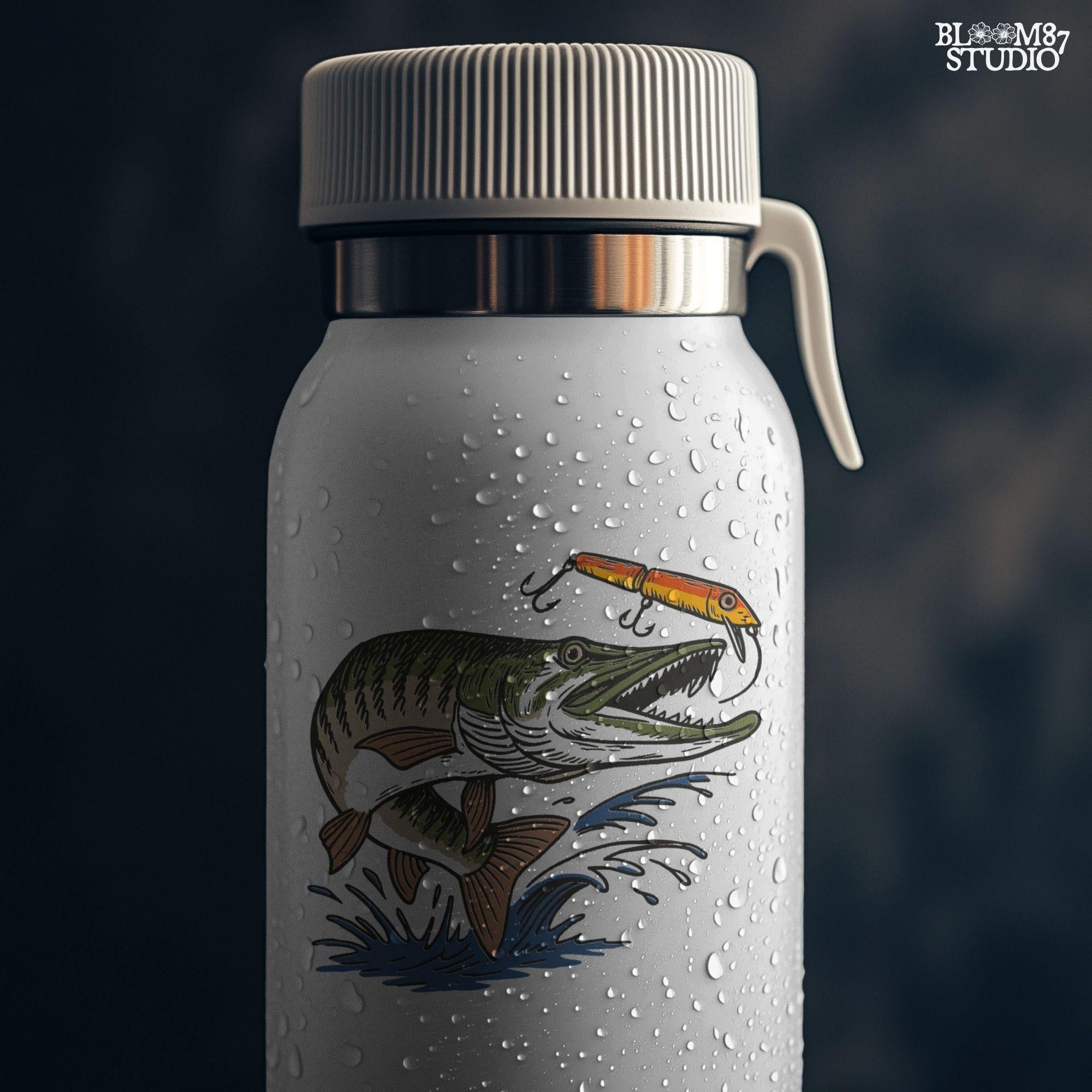 Aggressive muskie fish jumping out of the water to bite a bright orange fishing lure, drawn in vintage cartoon style with splash effects.